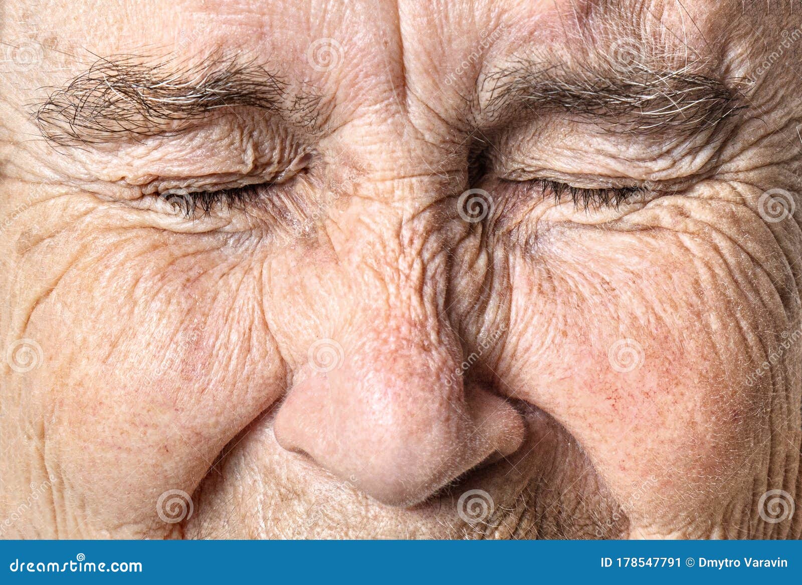 Wrinkled Old Face Close Up Portrait Of An Old Woman With Closed Eyes