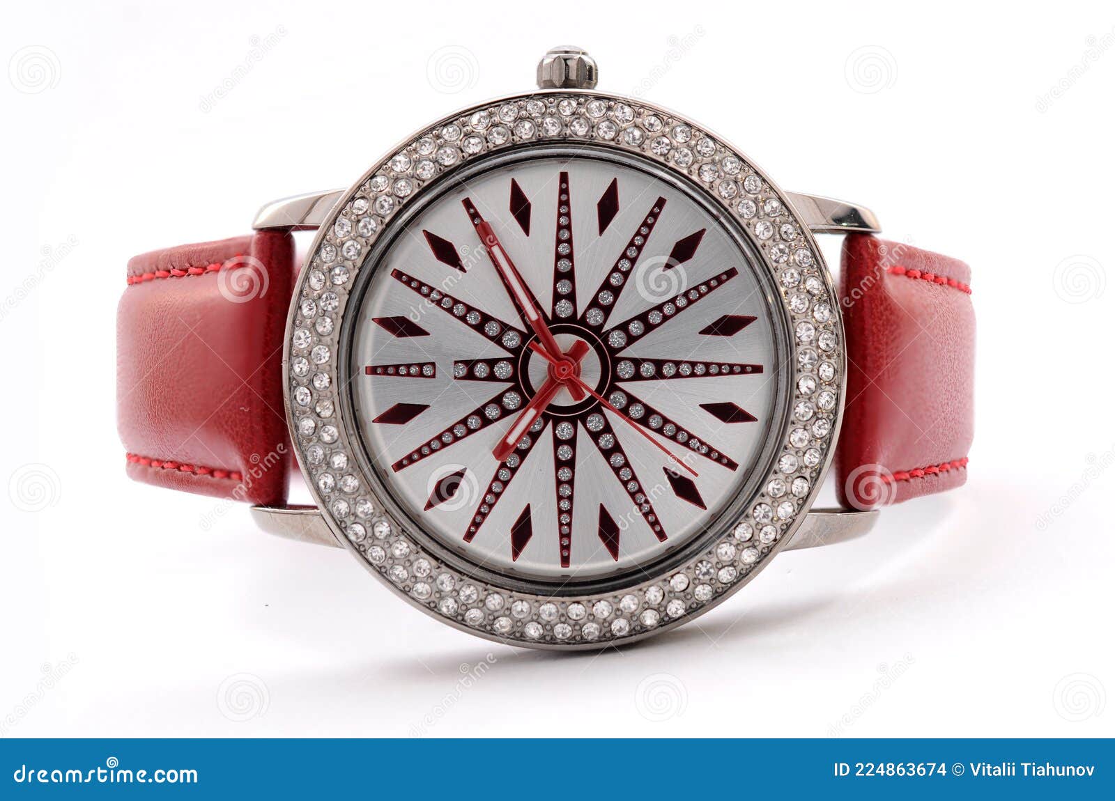 Ladies Wrist Watch with Red Leather Strap and Diamonds Stock Photo