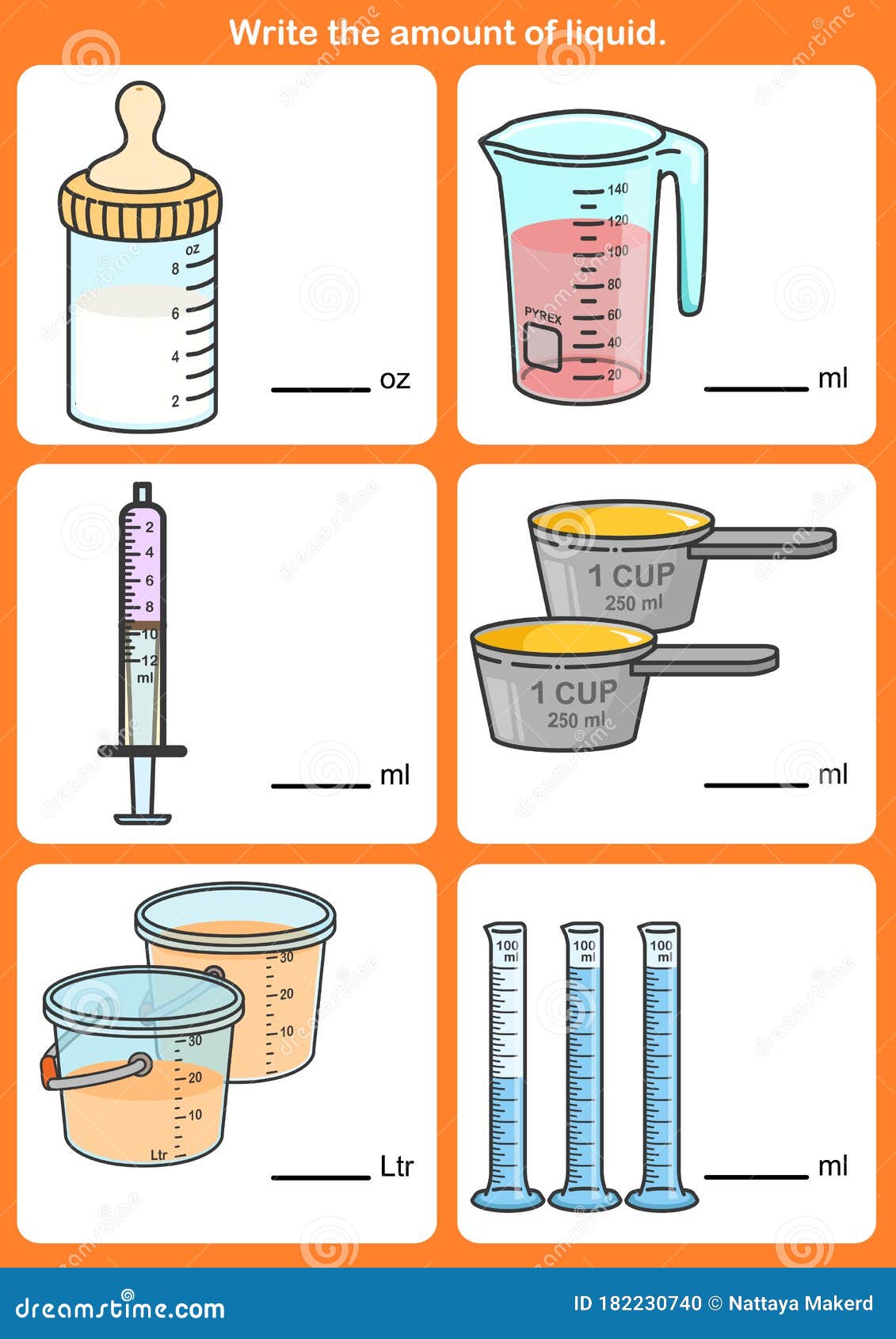 Write the Amount of Liquid. Measurement of Volume Stock Vector Inside Measuring Liquid Volume Worksheet