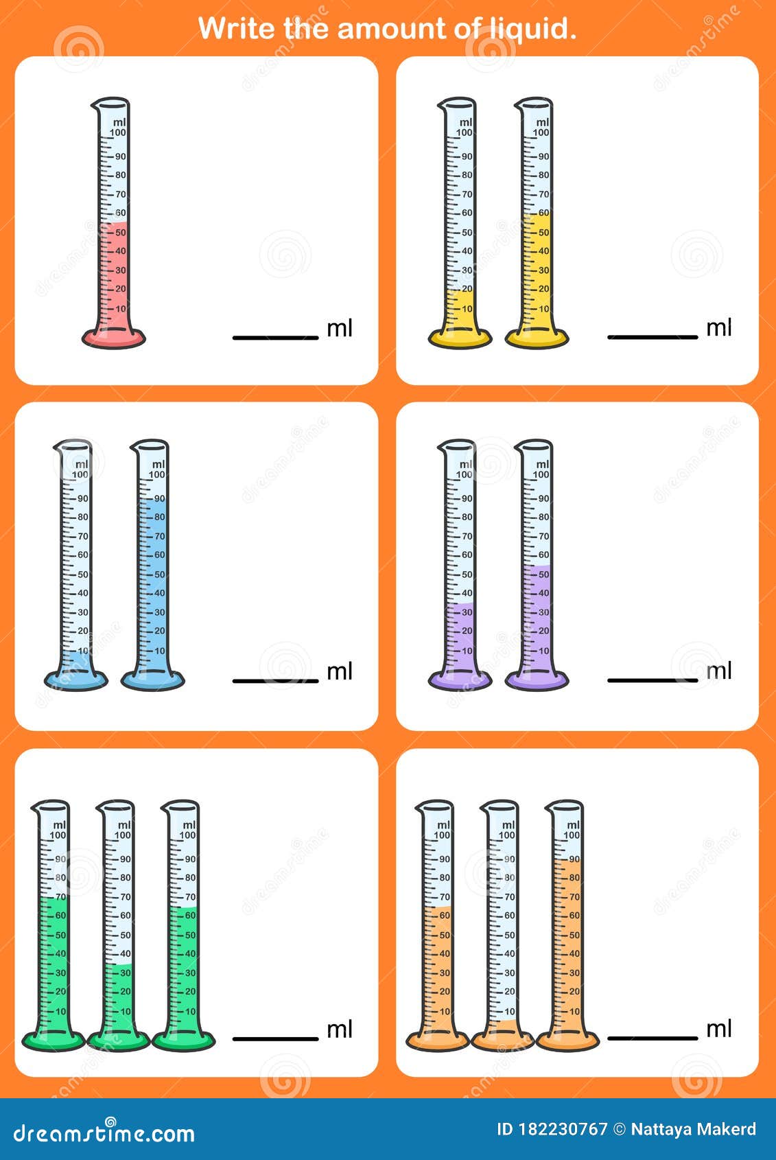 Write the Amount of Liquid. Measurement of Volume Stock Vector Intended For Measuring Liquid Volume Worksheet