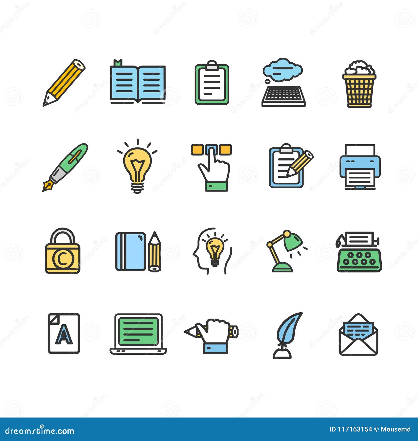 writer and copywriting signs color thin line icon set. 