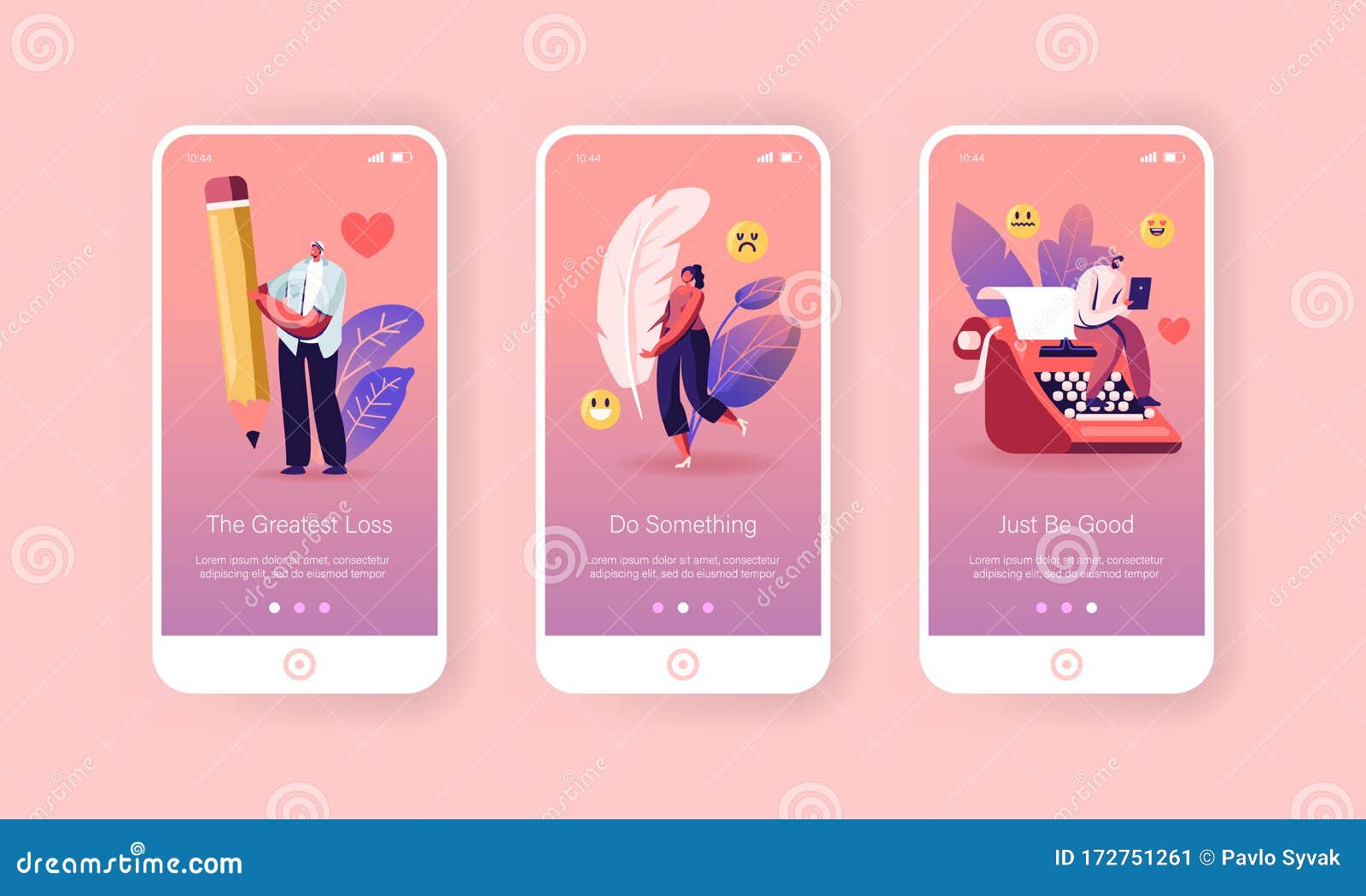 Writer Profession Mobile App Page Onboard Screen Set. Authors Create New Composition, Writing Book or Poetry, Creative Occupation Concept for Website or Web Page, Cartoon Flat Vector Illustration