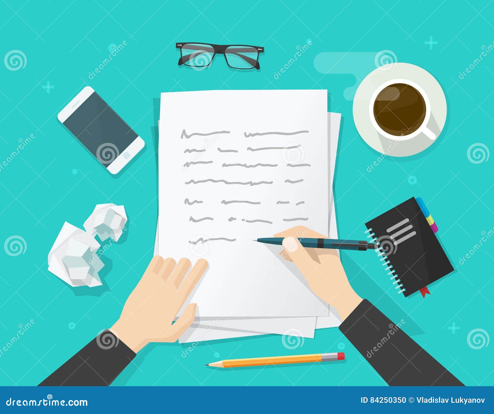 Writer Writing on Paper Sheet, Workplace, Author Desktop, Write Letter  Stock Vector - Illustration of desktop, business: 84250350