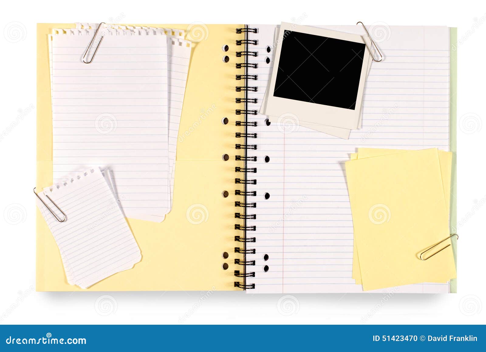 Photo Album or Writing Book with Polaroid Photo Frames and Several Yellow  Post-it Style Sticky Notes, Copy Space Stock Image - Image of notes,  paperclip: 51423505