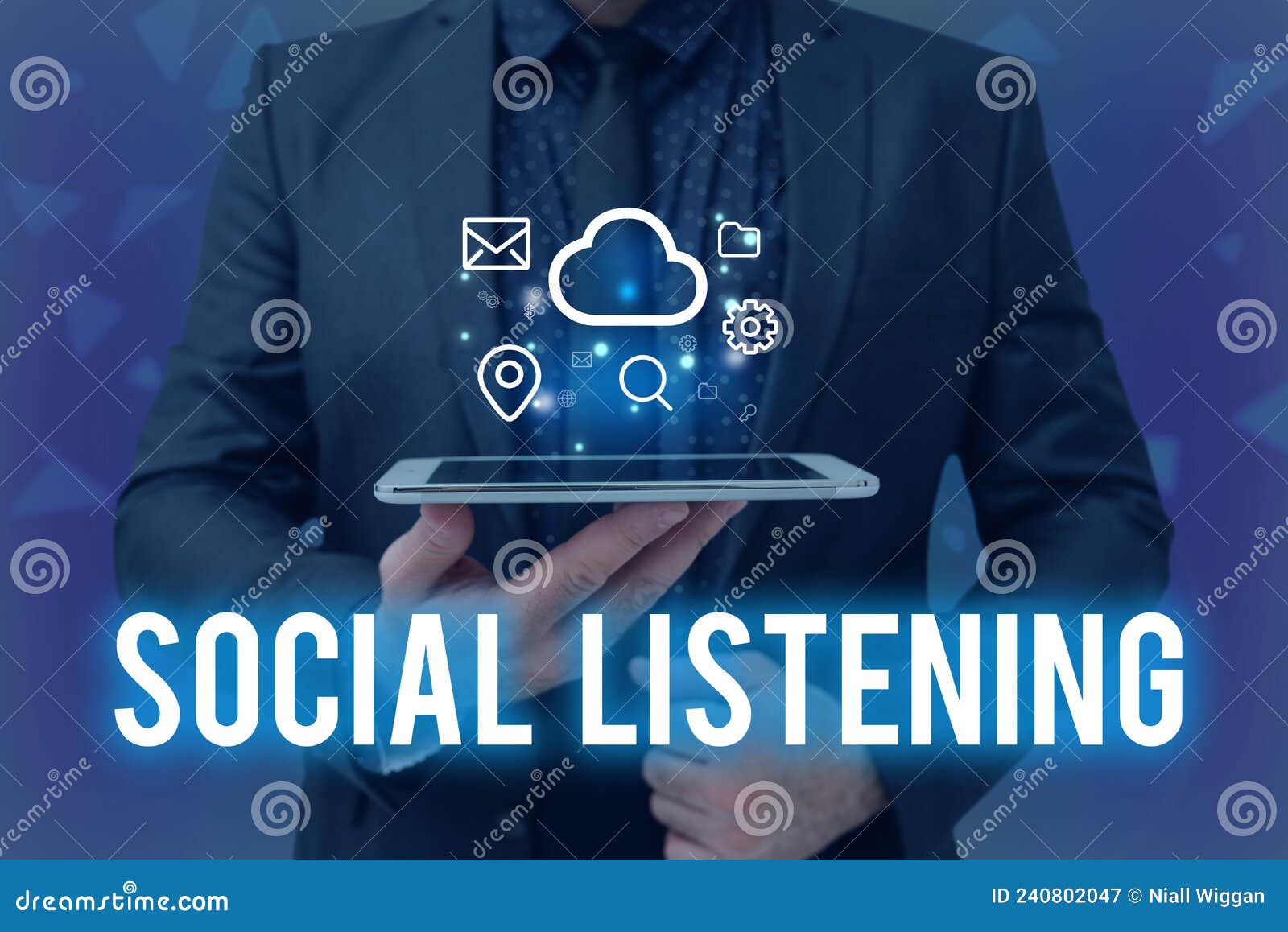 writing displaying text social listening. business idea analyzing the conversations and trends of your product man