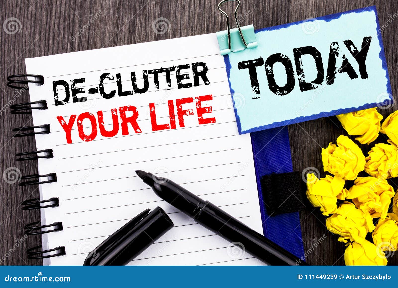 writing text showing de-clutter your life. business photo showcasing free less chaos fresh clean routine written on notebook book