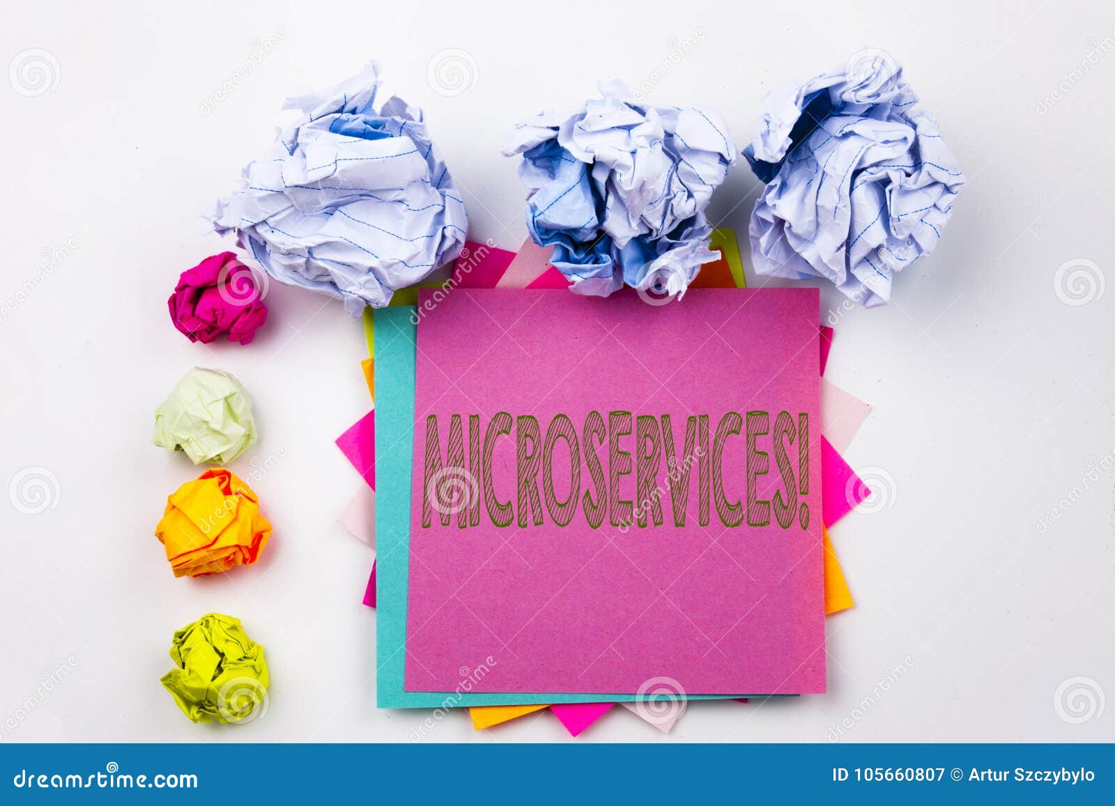writing text showing microservices written on sticky note in office with paper balls. business concept for micro services on