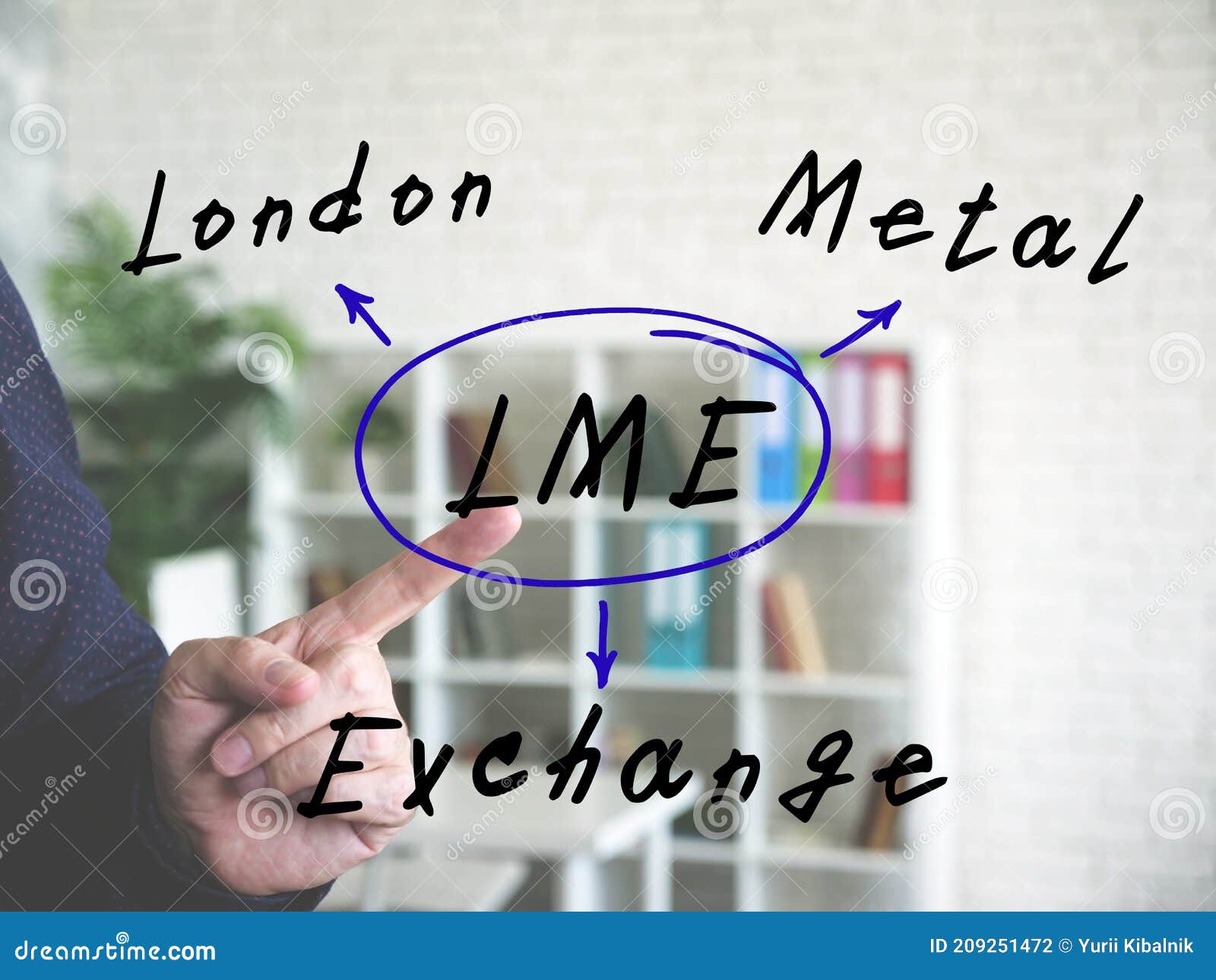 written phrase lme london metal exchange . hand gestures - man pointing on virtual object on officce background