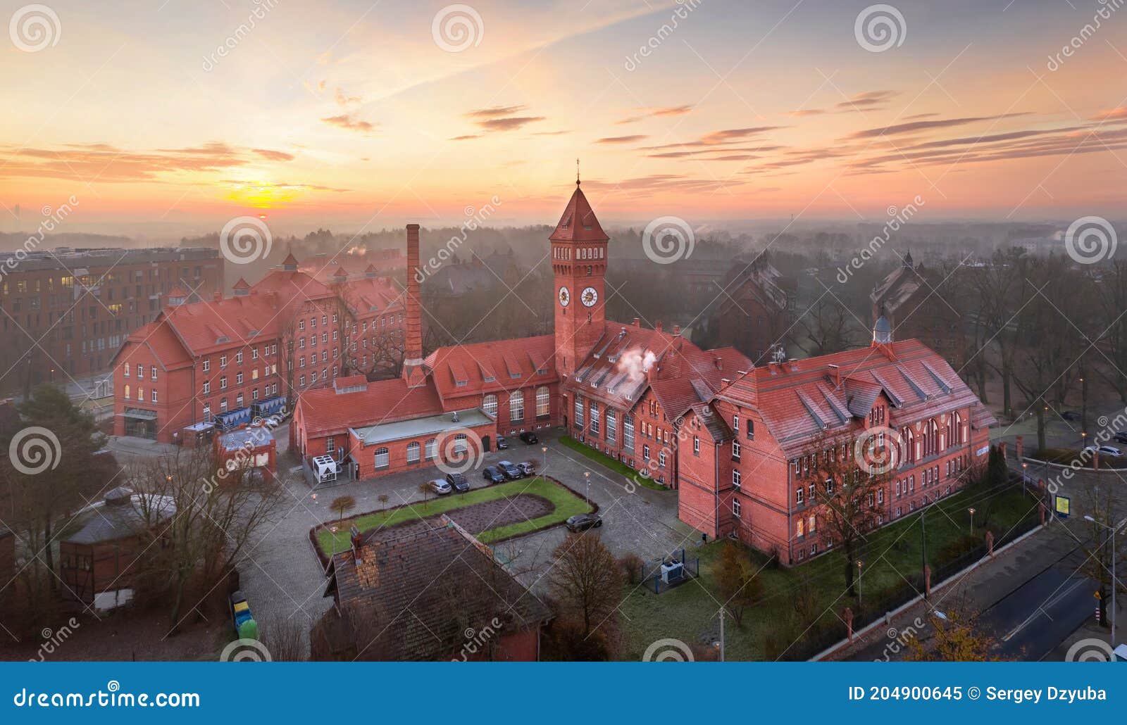 wroclaw, poland. aerial view of neogothic red brick buildings