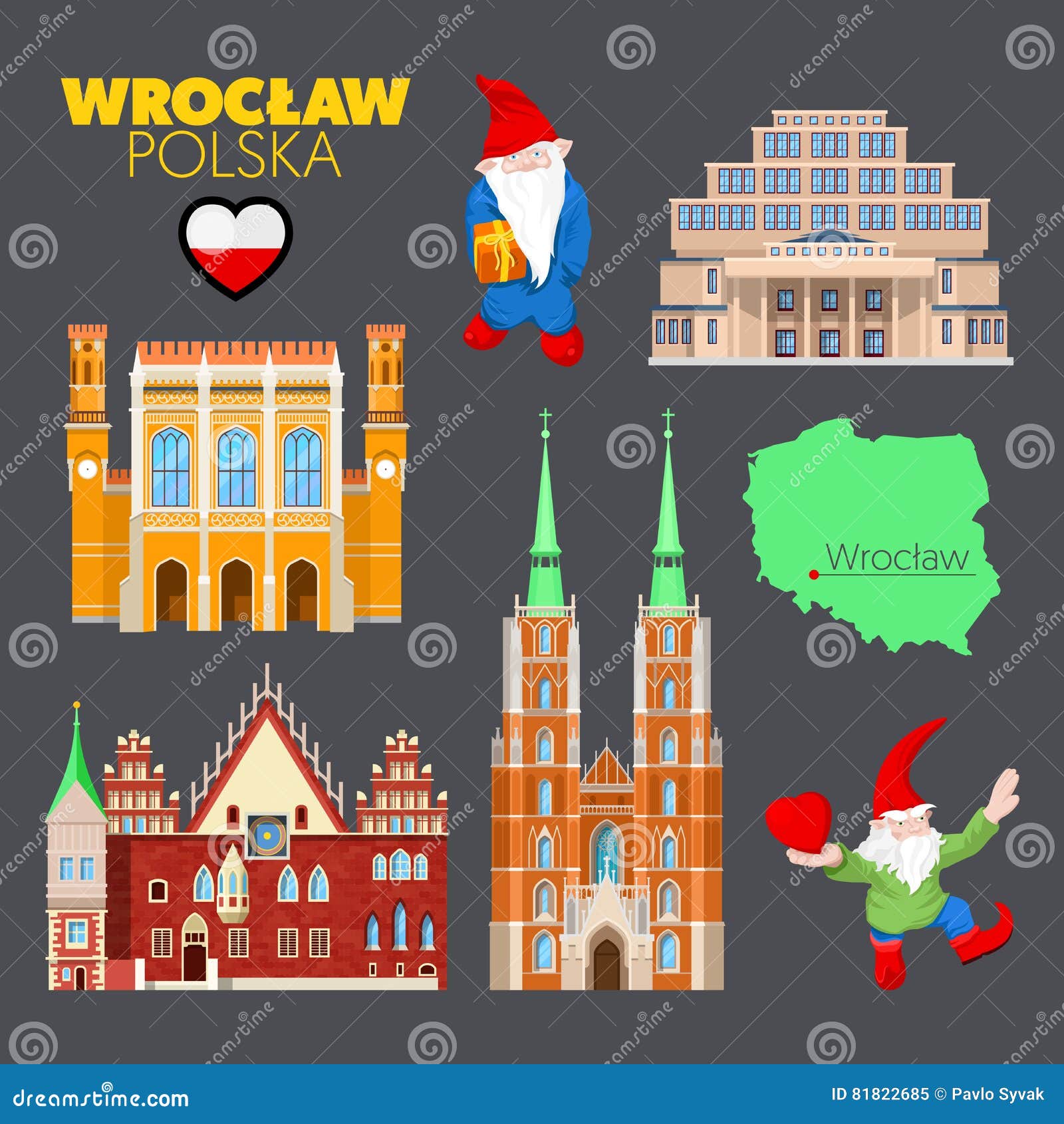 wroclaw poland travel doodle with wroclaw architecture, dwarfs and flag