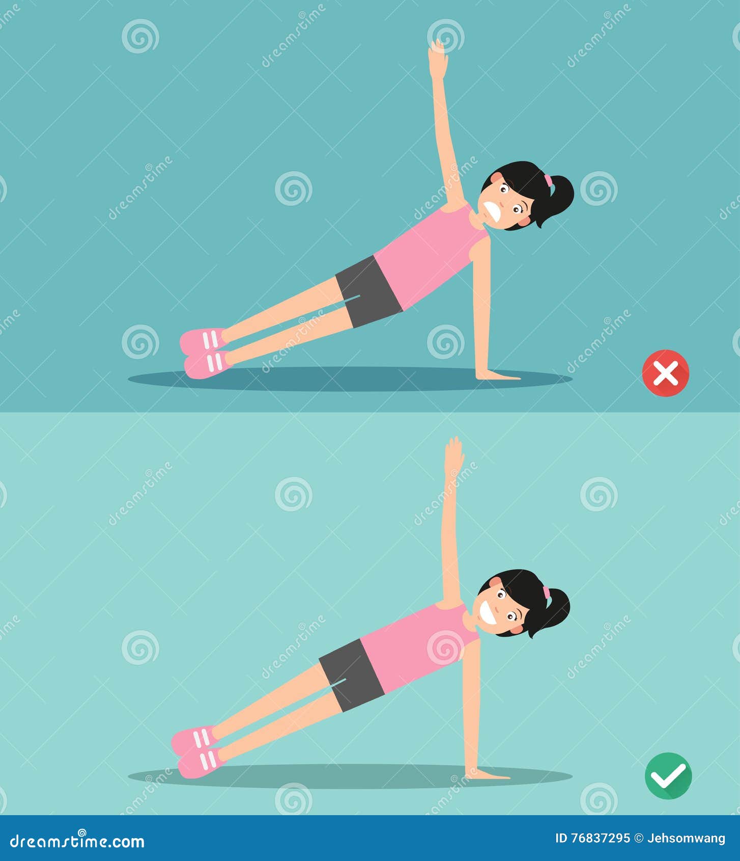 Wrong and Right Side Plank Plank Posture,illustration Stock Vector