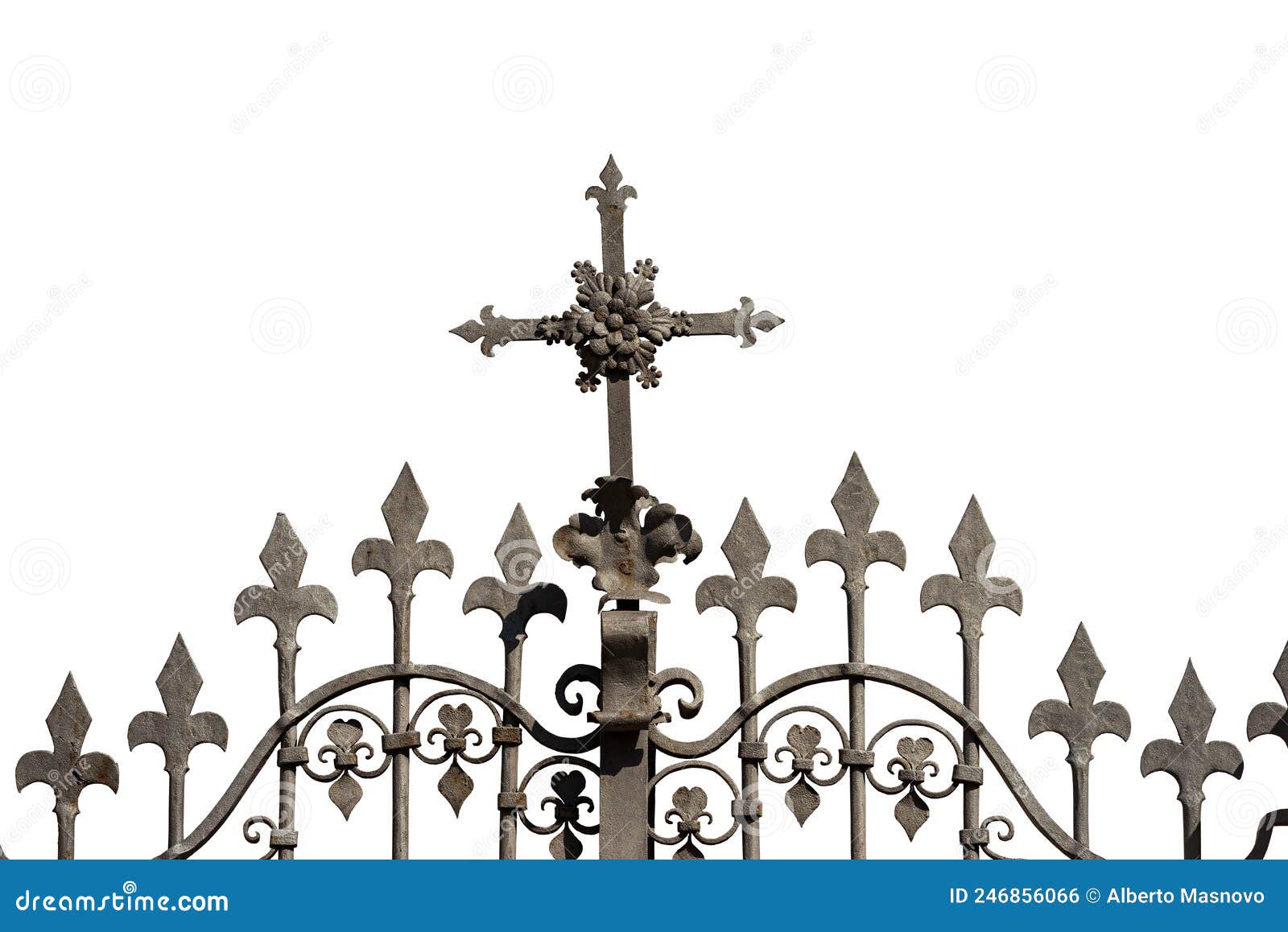 Wrought Iron Gate with a Religious Cross and Sharp Points Stock Photo