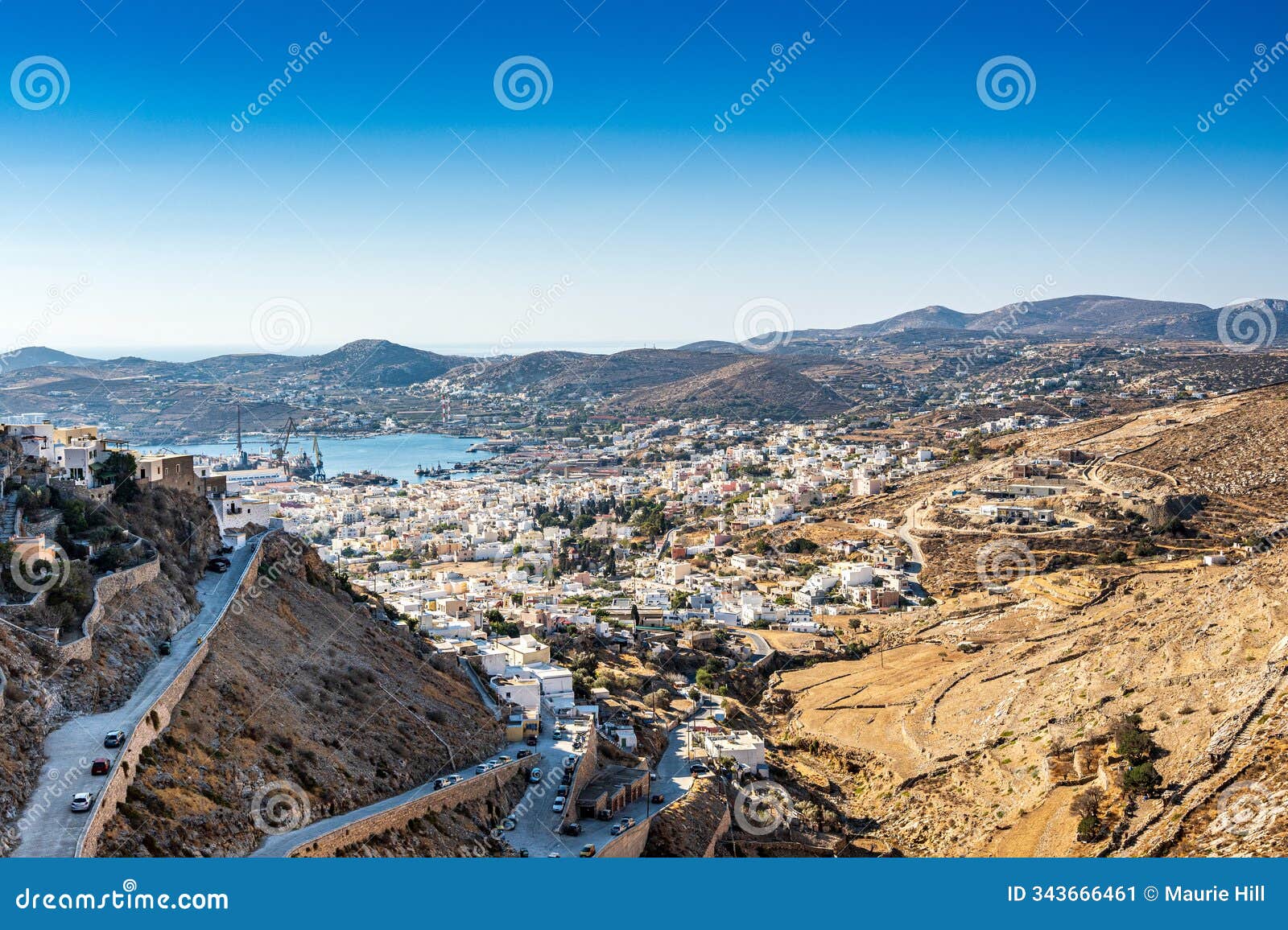 ws, morning, ermoupolis port, island of syros, greece