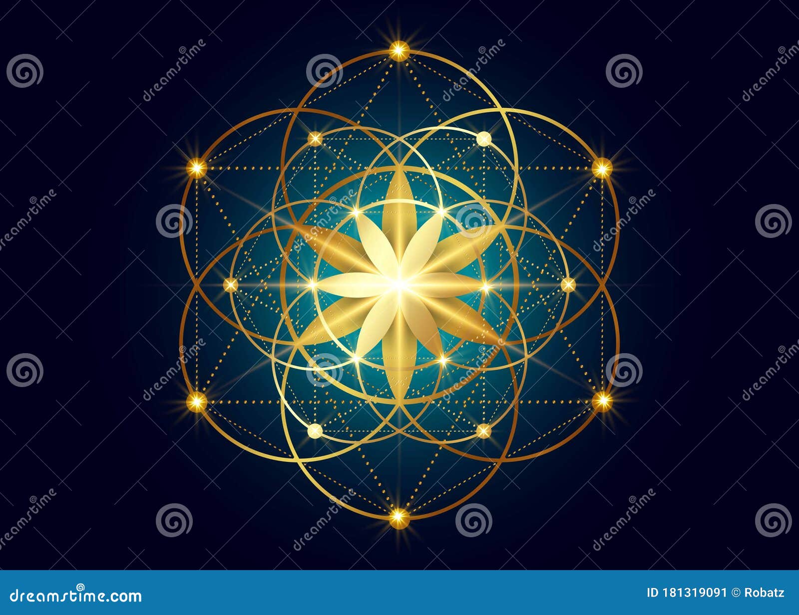 seed of life  sacred geometry. geometric mystic mandala of alchemy esoteric flower of life. gold luxury ,  sign