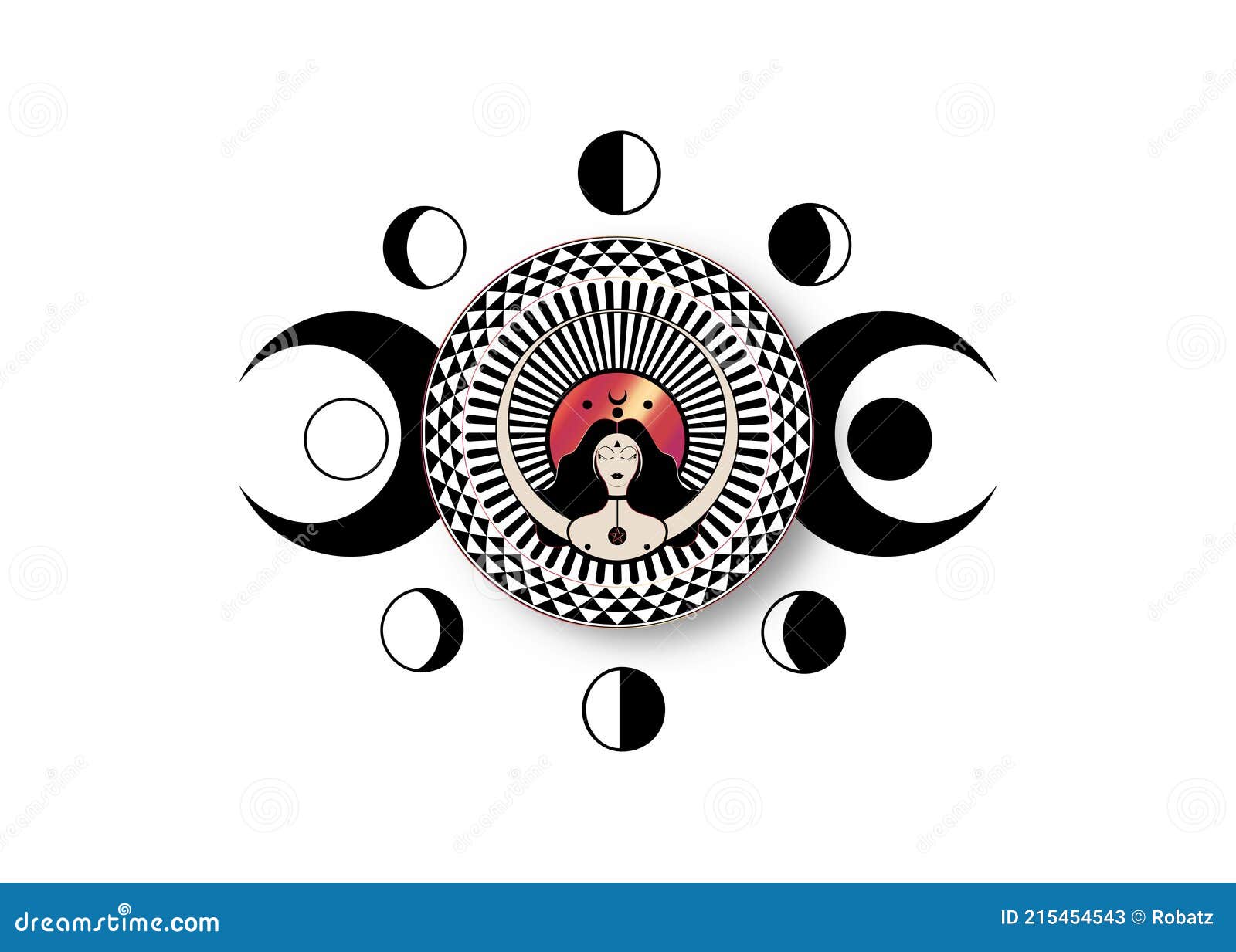 wiccan woman icon, triple goddess  of moon phases. triple moon religious wicca sign. neopaganism logo. lunar calendar cycles