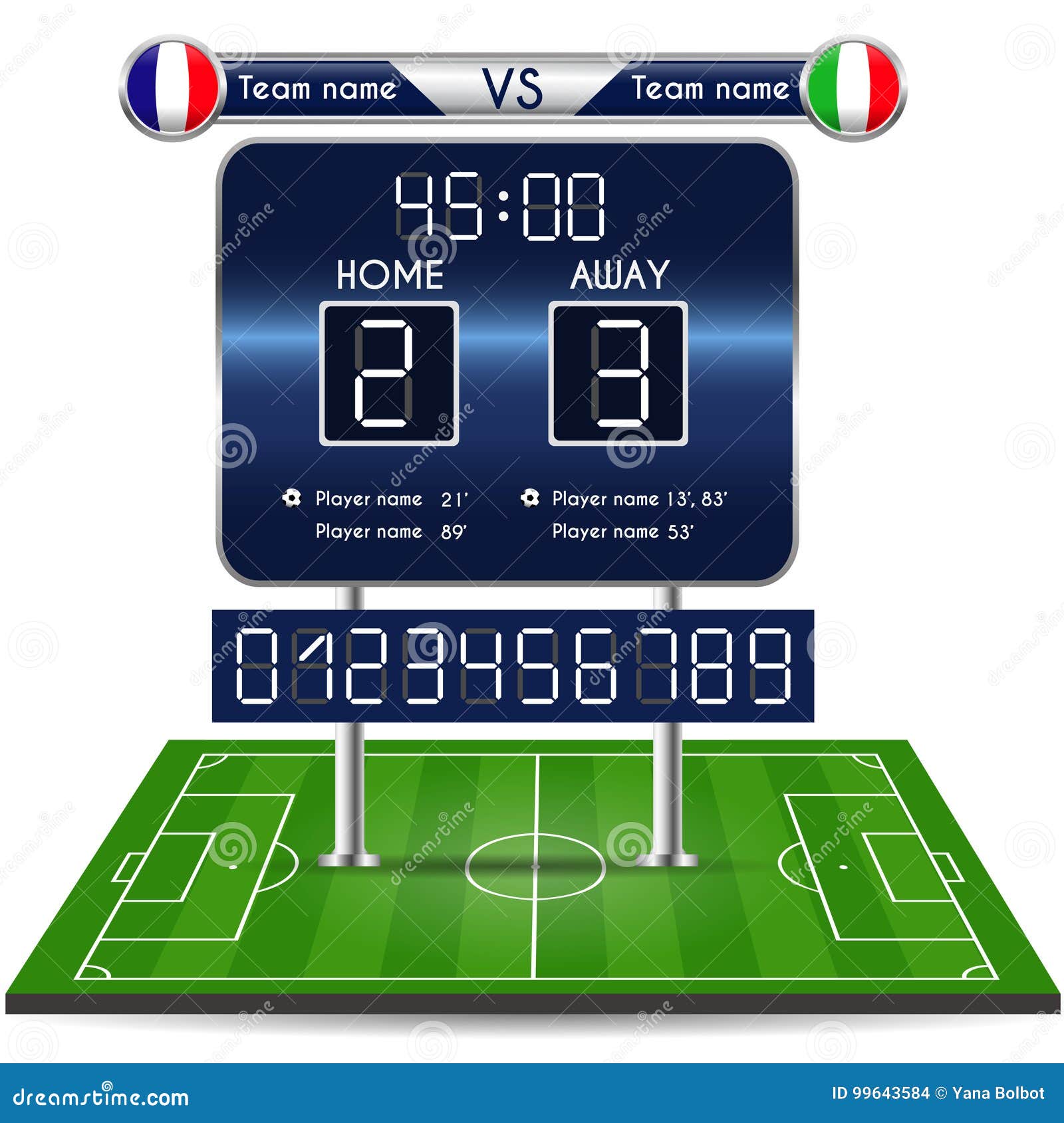 Wyemitowana grafika dla futbolowego definitywnego wynika Futbolowe mecz piłkarski statystyki z playfield Tablica wyników i liczby Francja versus Włochy drużyna Cyfrowego tła wektoru ilustracja Infographic