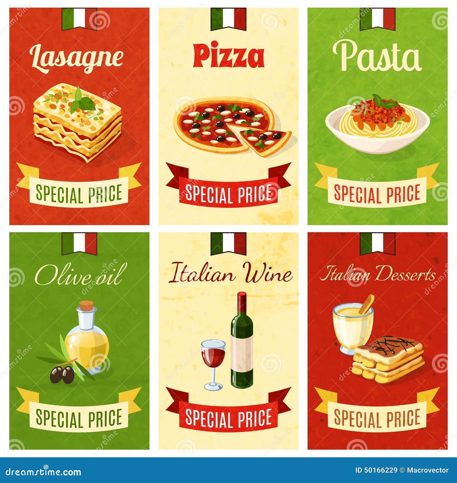 Włoski karmowy mini plakatowy ustawiający z lasagne pizzy makaronu oliwa z oliwek wina deserem odizolowywał wektorową ilustrację