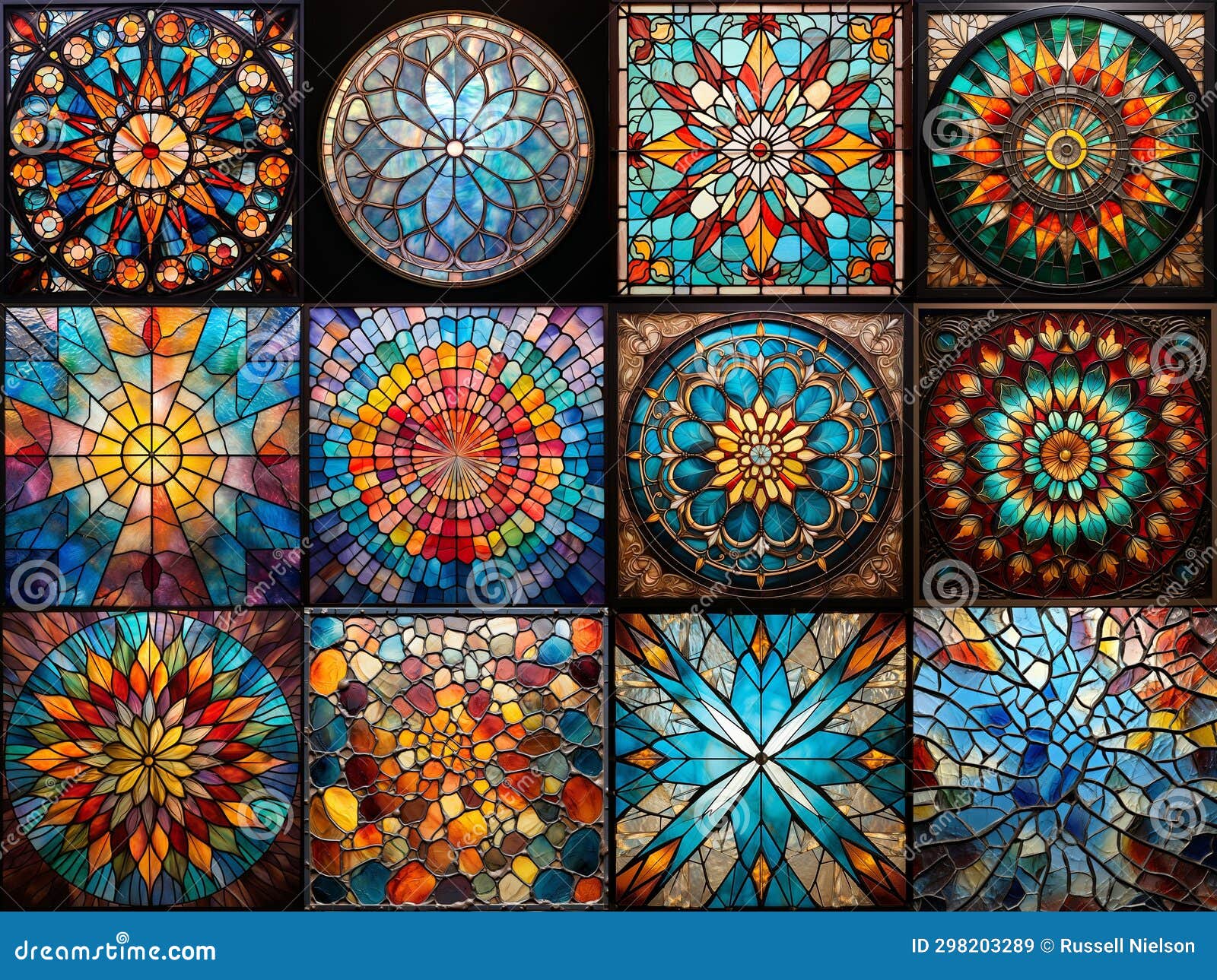 4x3 Grid Collage, of an Array of Various Stained Glass Pieces Stock