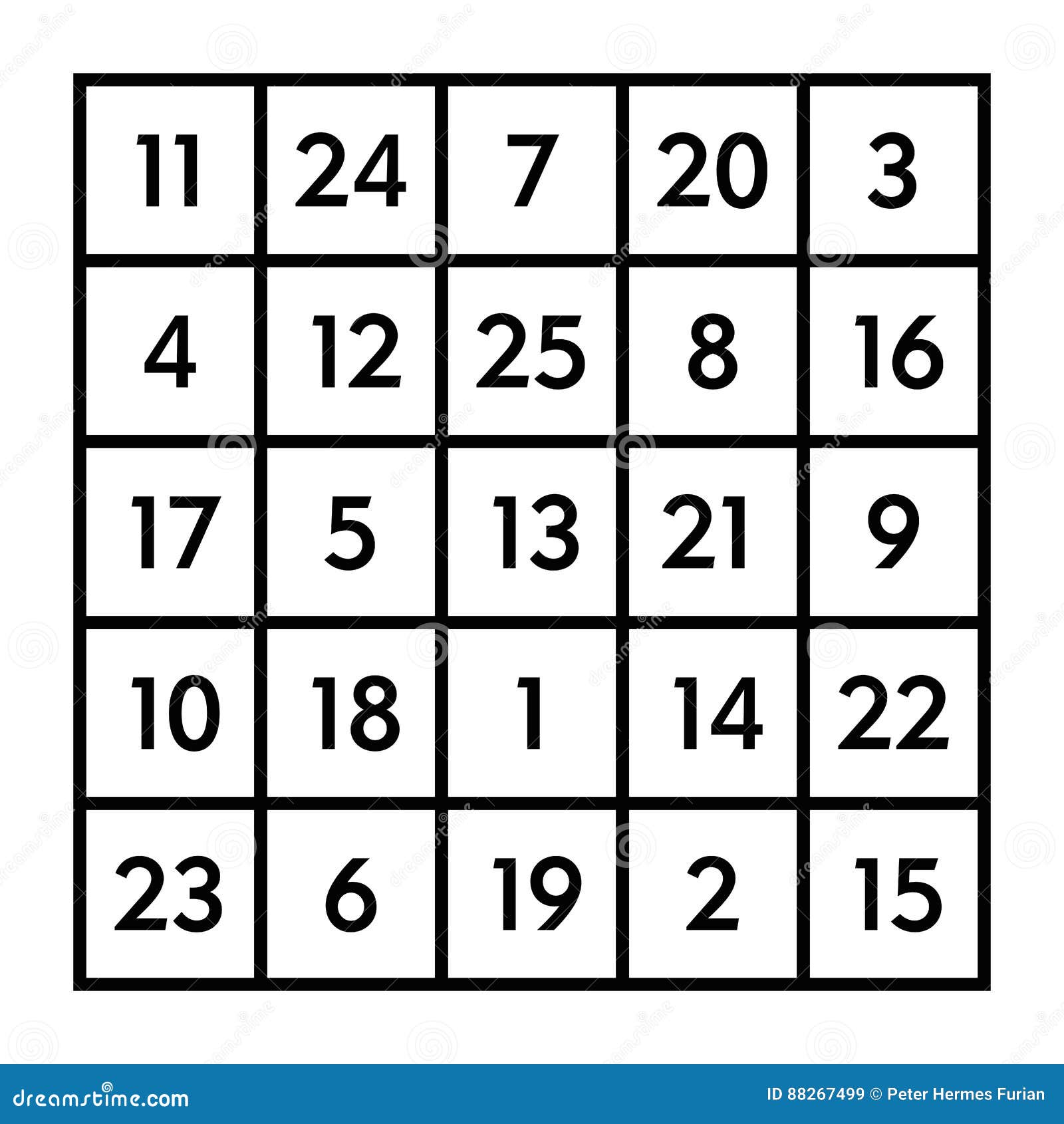 5x5 magic square with sum 65 of planet mars