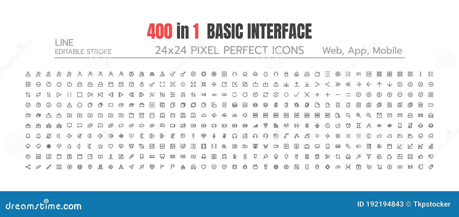 24x24 pixels perfect user interface basic simple set thin line icons. people user profile, message, document file, call, music,