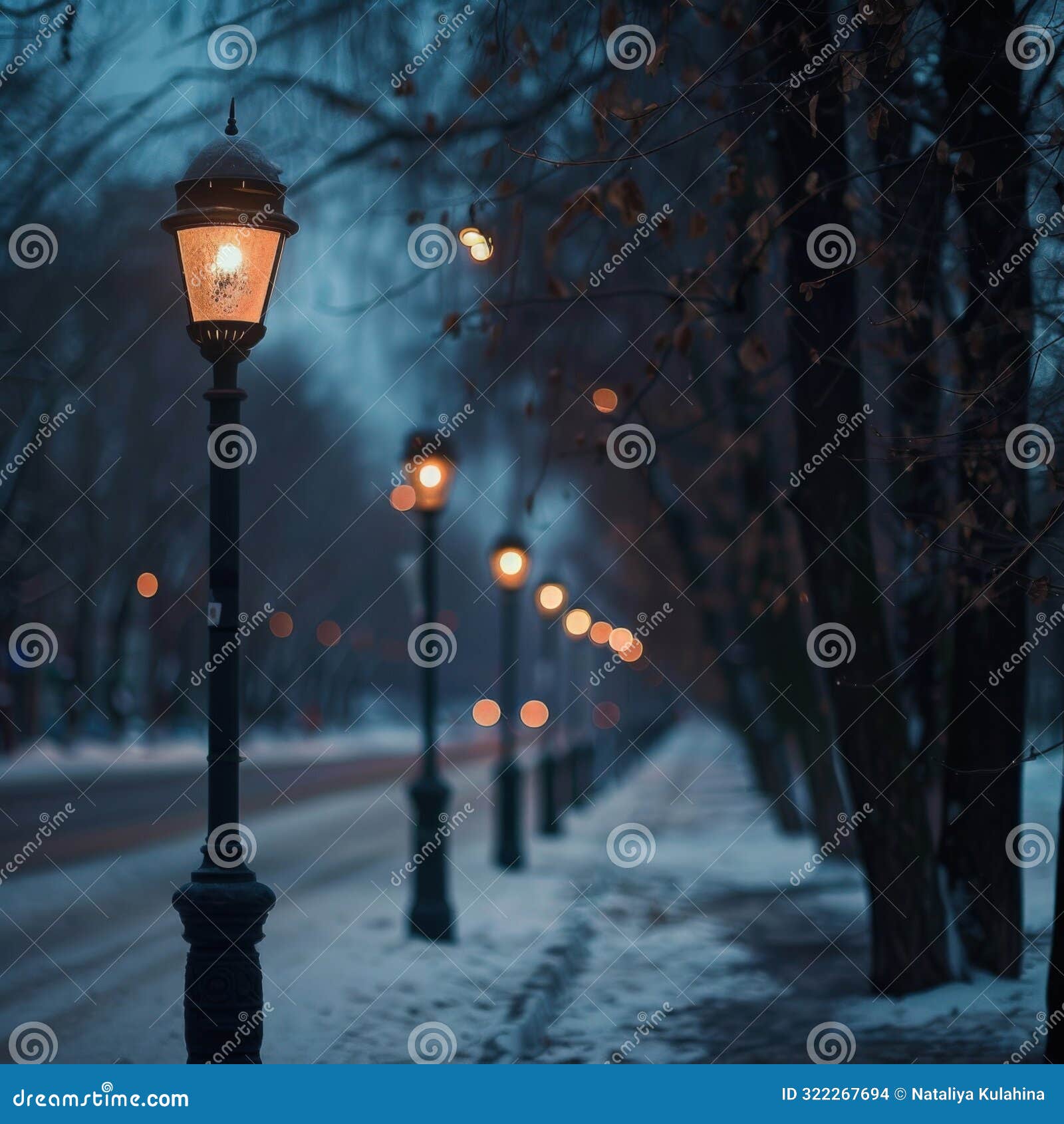 & x22;snow-covered street with glowing lamp posts& x22;