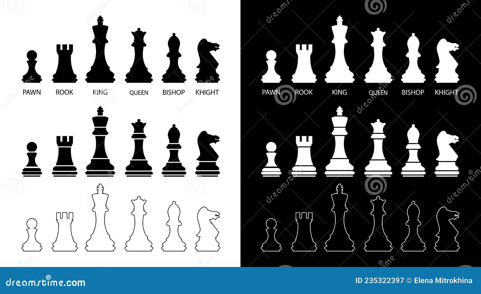 Silhuetas de peças de xadrez padrão e ilustração vetorial de tabuleiro de  xadrez