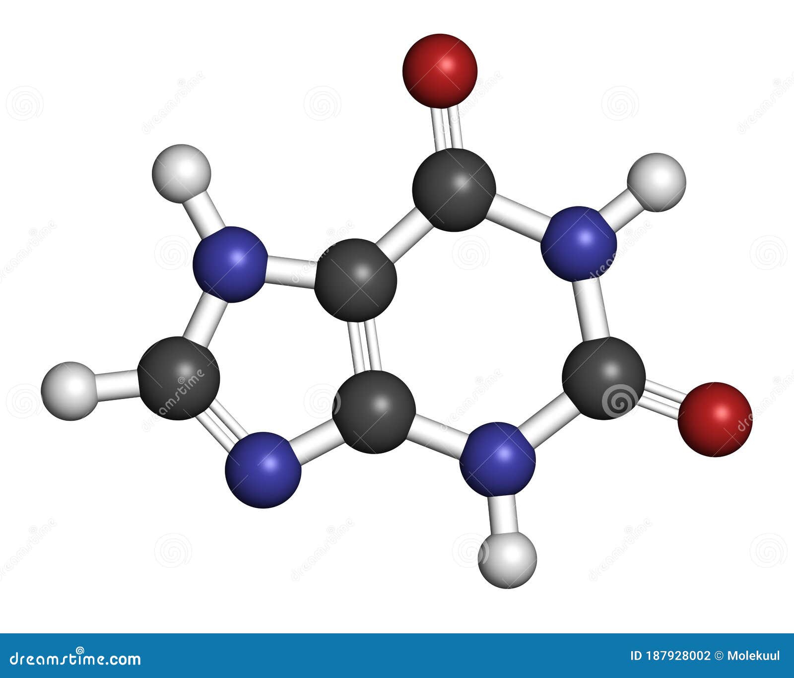 xanthine purine base molecule. 3d rendering. atoms are represented as spheres with conventional color coding: hydrogen white,.