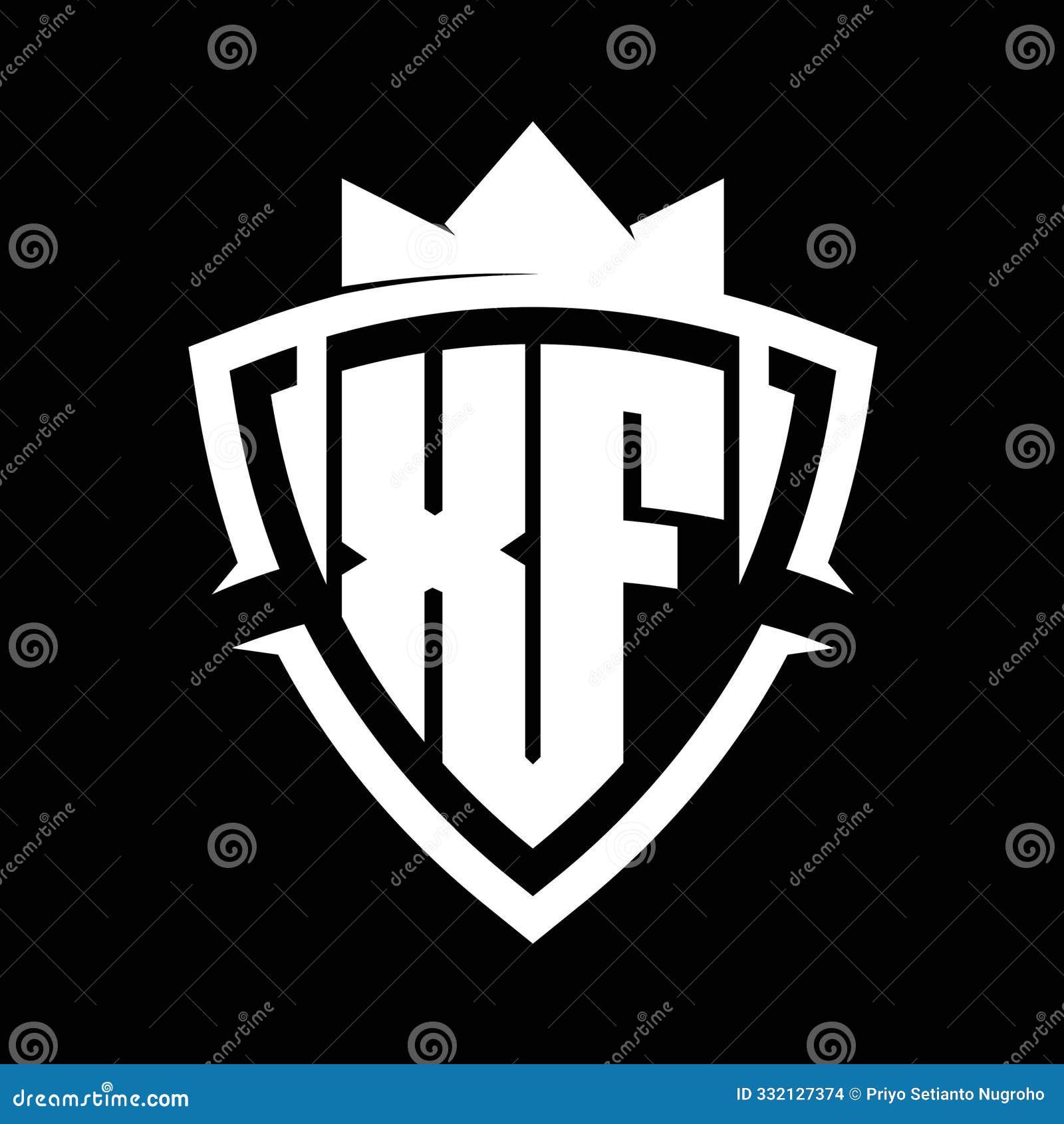 xf letter monogram with triangle curve shield  with crown white and black background color 