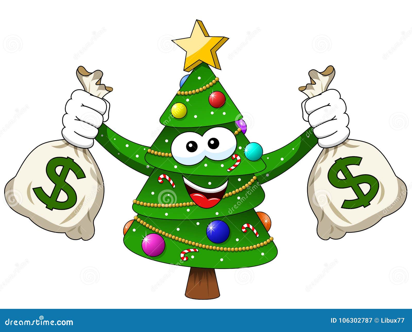 Download Xmas Christmas Tree Mascot Character Holding Money Dollar Sack R Stock Vector Illustration of