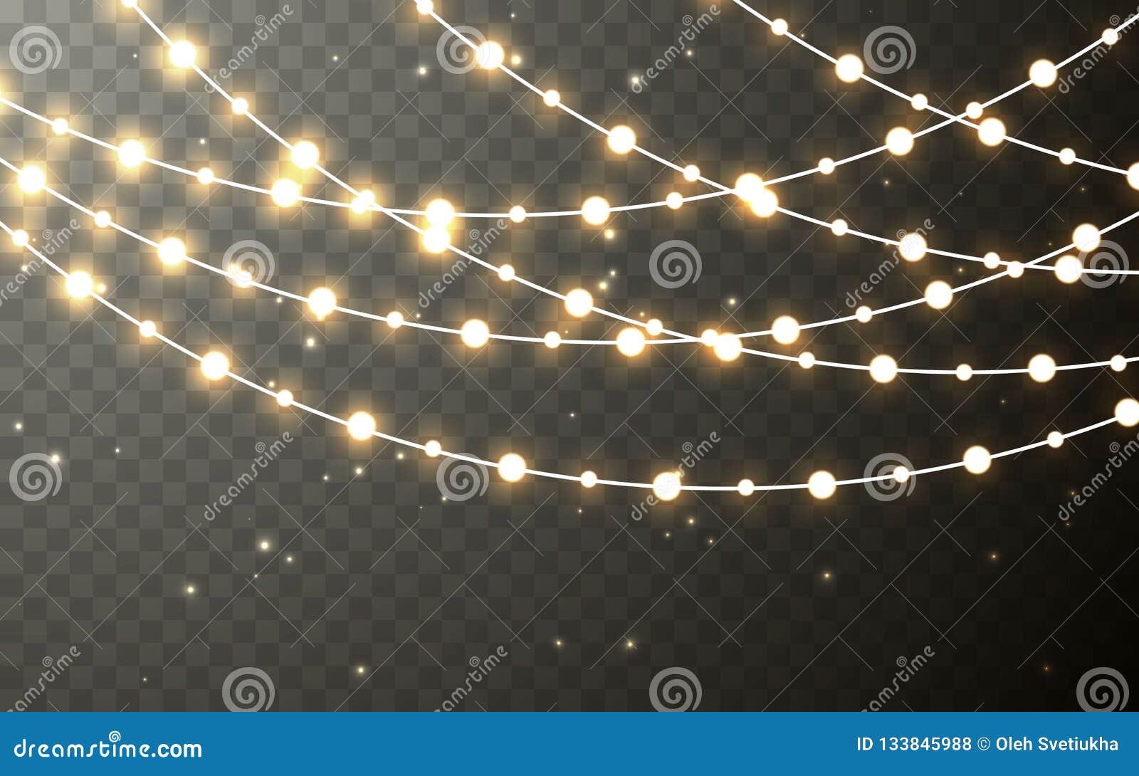 xmas color garland, festive decorations. glowing christmas lights transparent effect decoration on dark background. 
