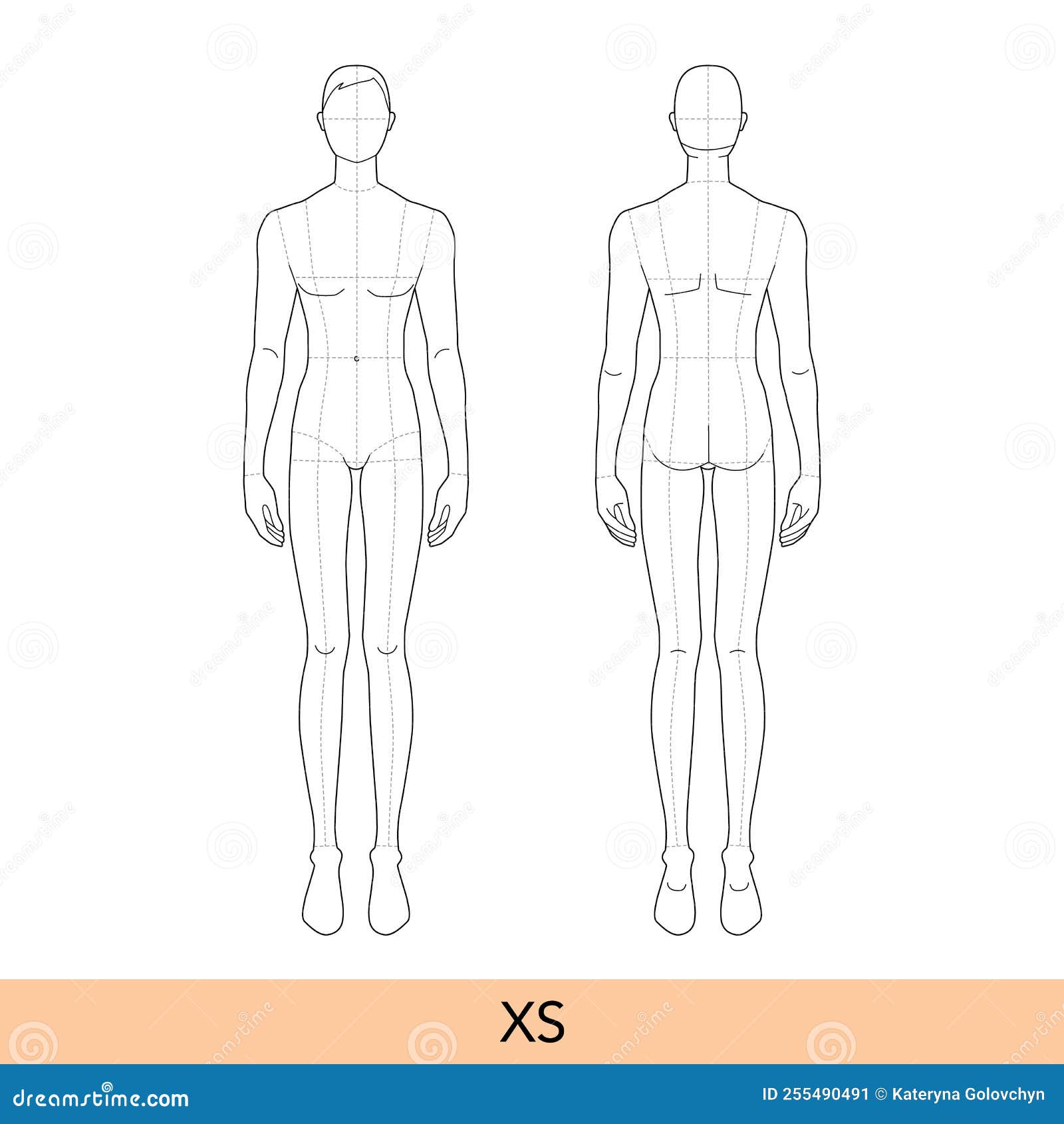 Fashion template of relaxing stand men. 9 head size for technical drawing  with main lines. Gentlemen figure front, side, 3-4 and back view. Vector  outline boy for fashion sketching and illustration Stock