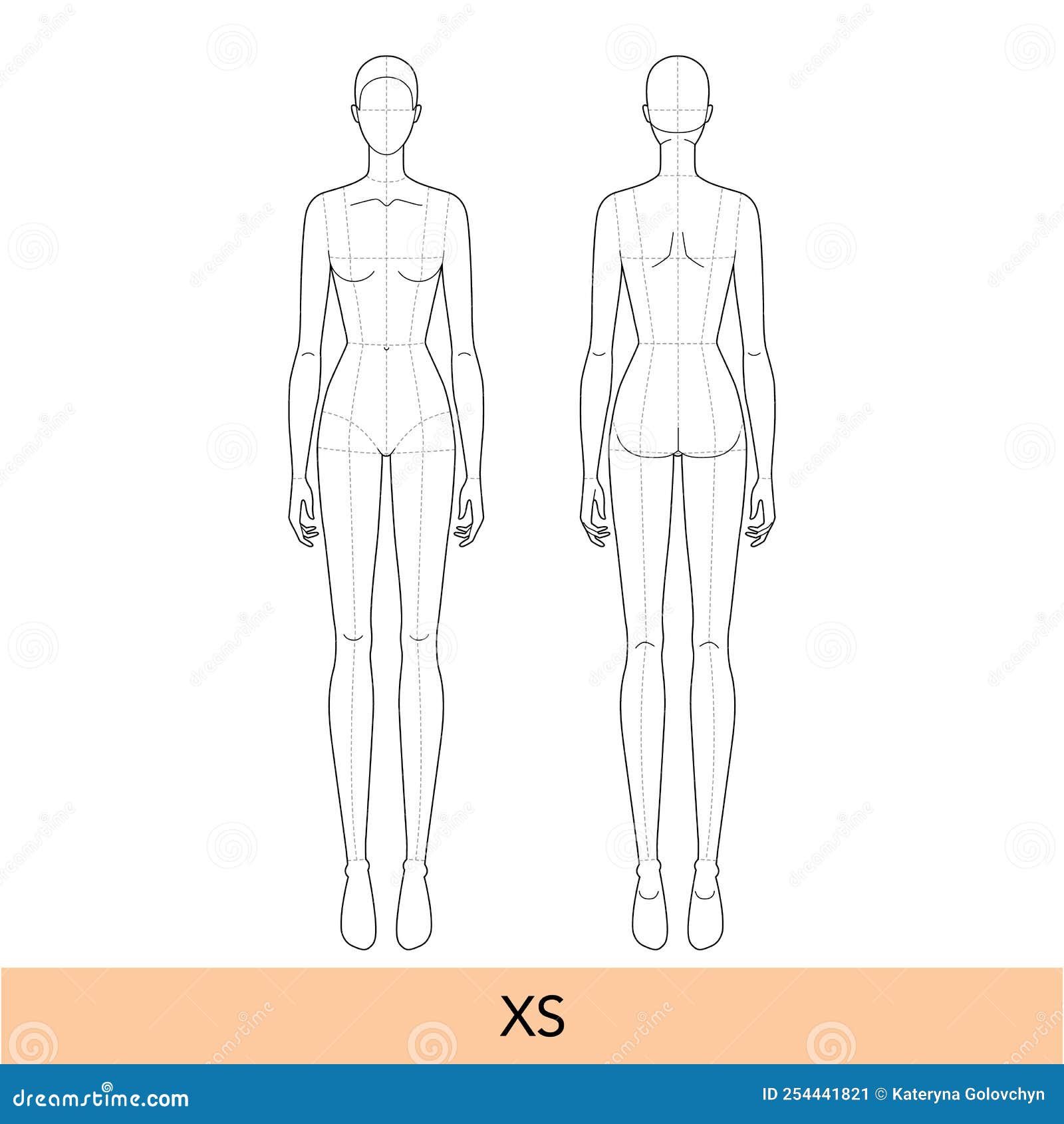 xs size women fashion template 9 nine head croquis lady model skinny body with main lines figure front, back view