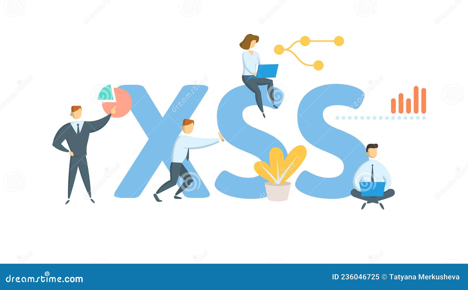 xss, cross-site scripting. concept with keyword, people and icons. flat  .  on white.