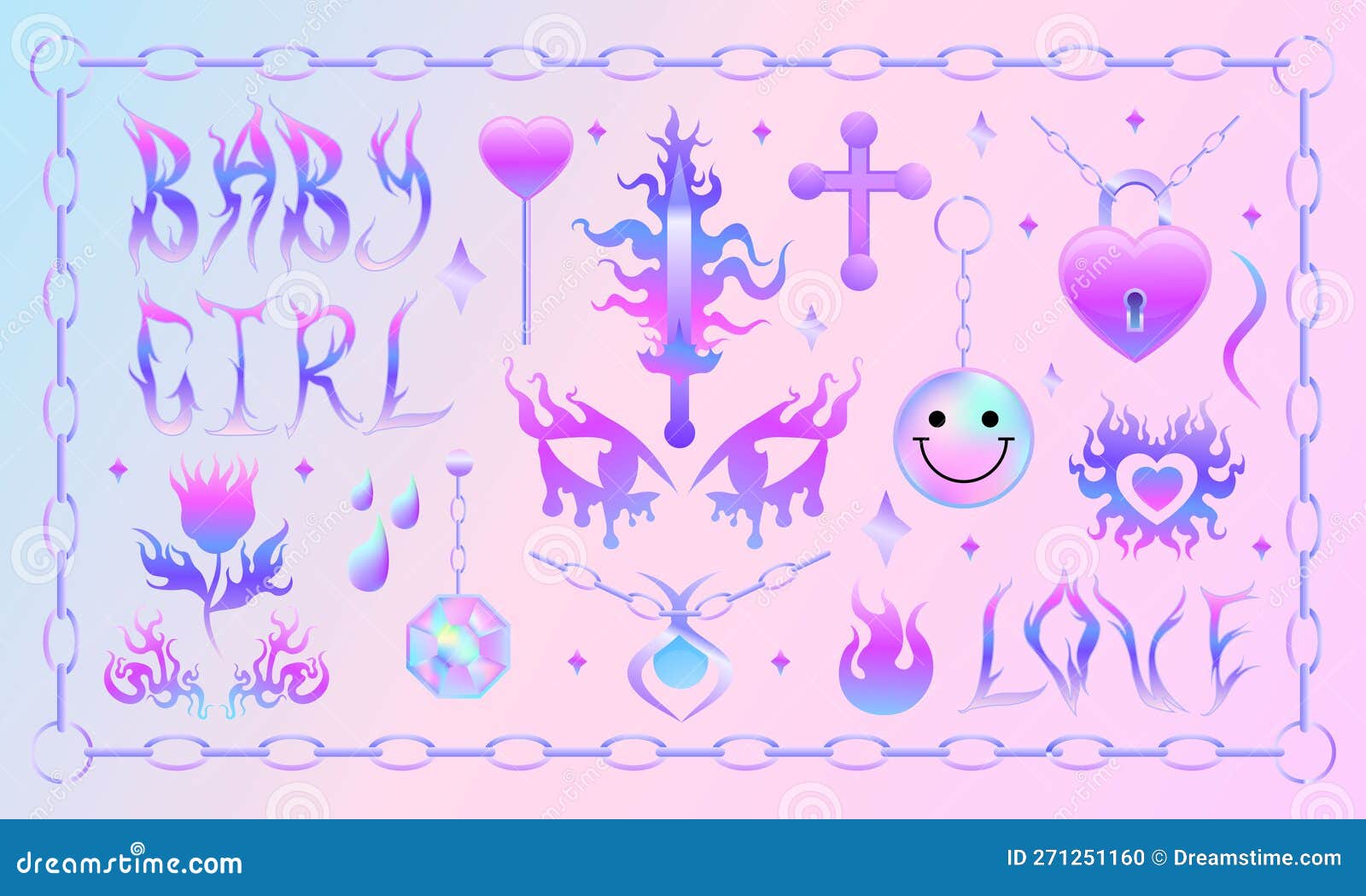 Y2k Flame, Chain and Heart Stickers Set. Girl Pink Holographic Tattoo,  Fire, Smile, Flower, Necklace Triball Glamour Stock Vector - Illustration  of freak, fire: 271251160