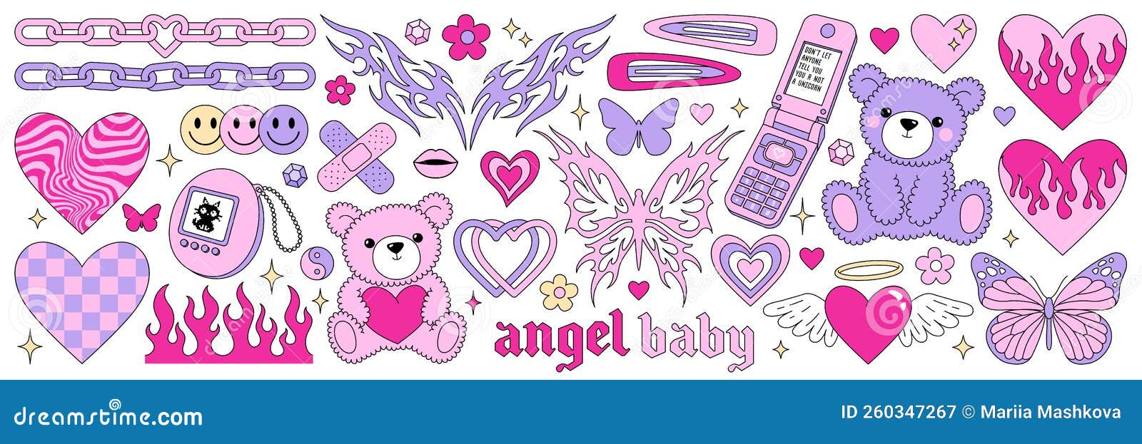 Y2k Glamour Pink Stickers in Trendy Emo Goth 2000s Style. Butterfly ...