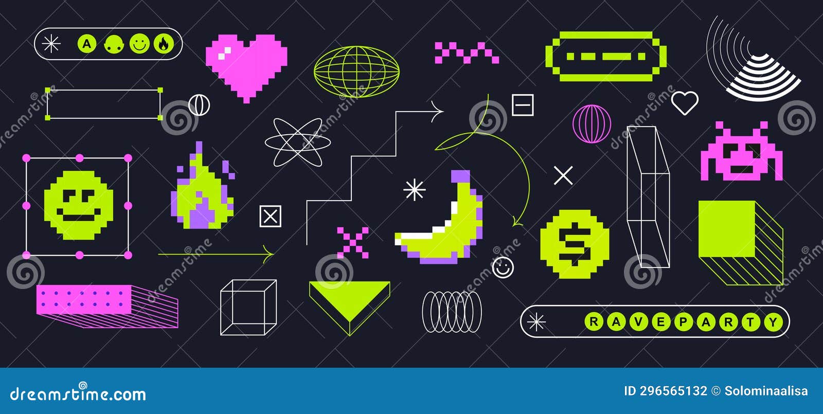 y2k trendy playful stickers. geometric brutalism. line art. pixels s in the mood of 90's aesthetics. 8-bit