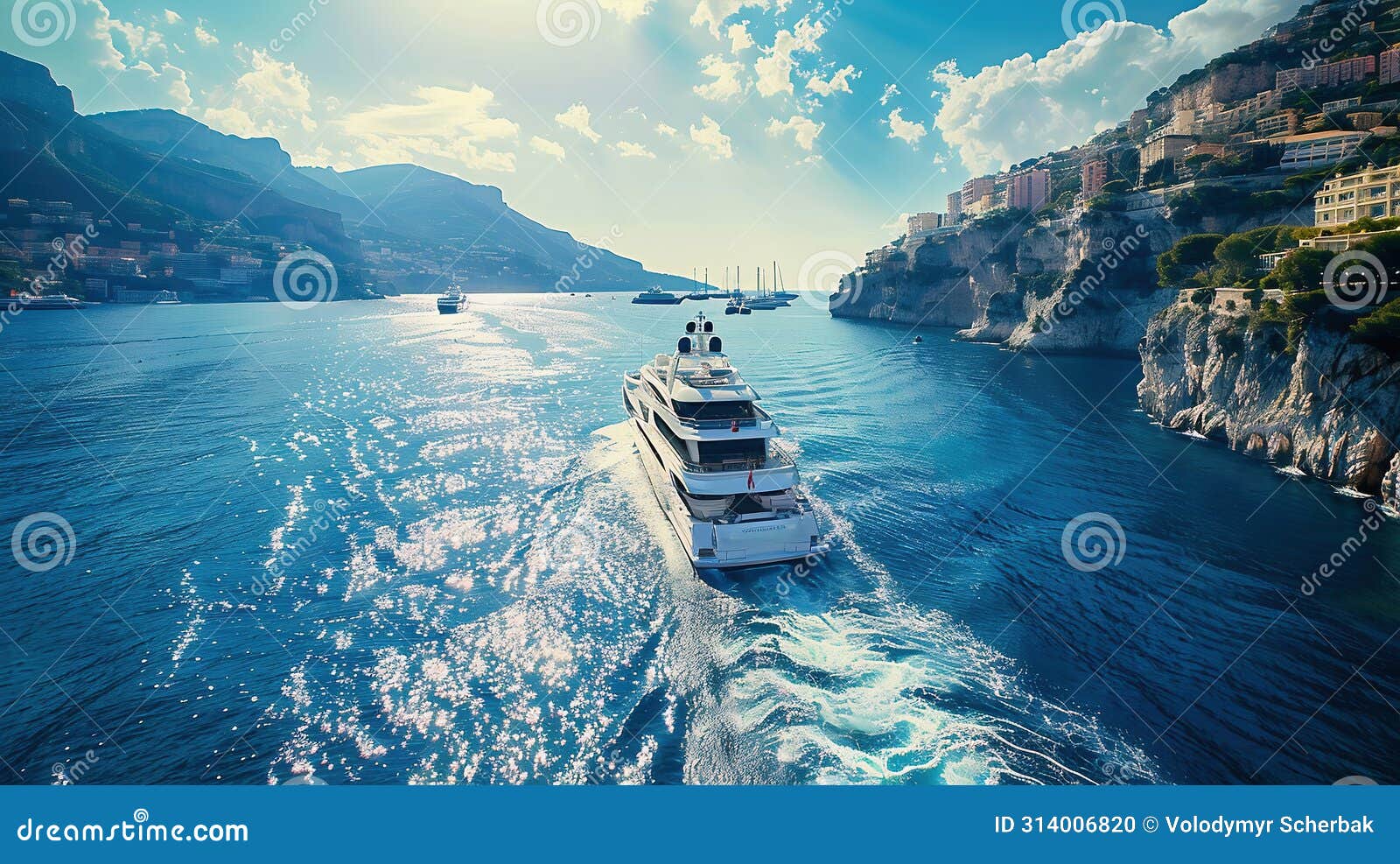 yacht making its grand entrance into monaco, surrounded by sparkling waters, under the bright morning sun
