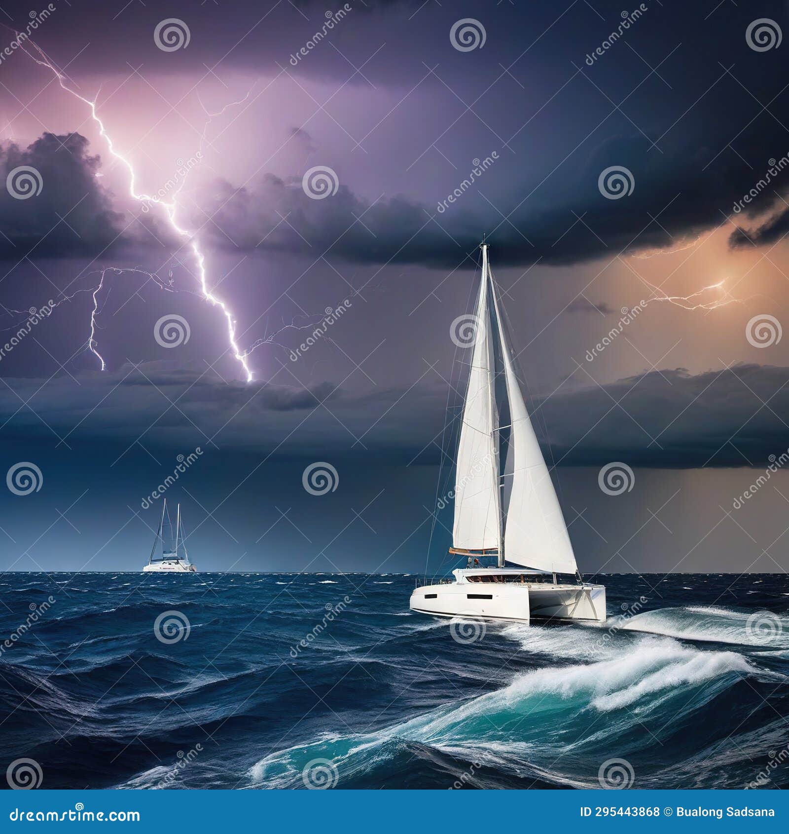Yacht Sailing in a Storm with Lightning and Stock Illustration