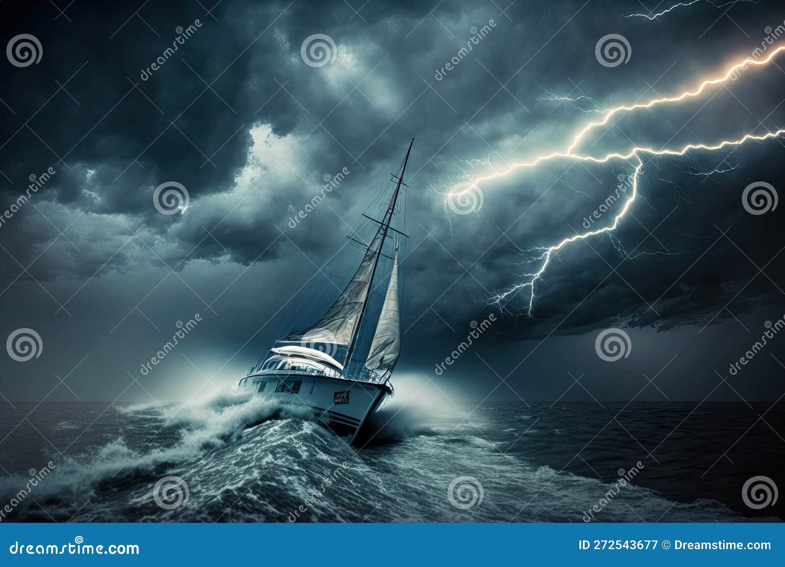 Yacht Sailing in a Storm with Lightning and Thunder Stock Illustration
