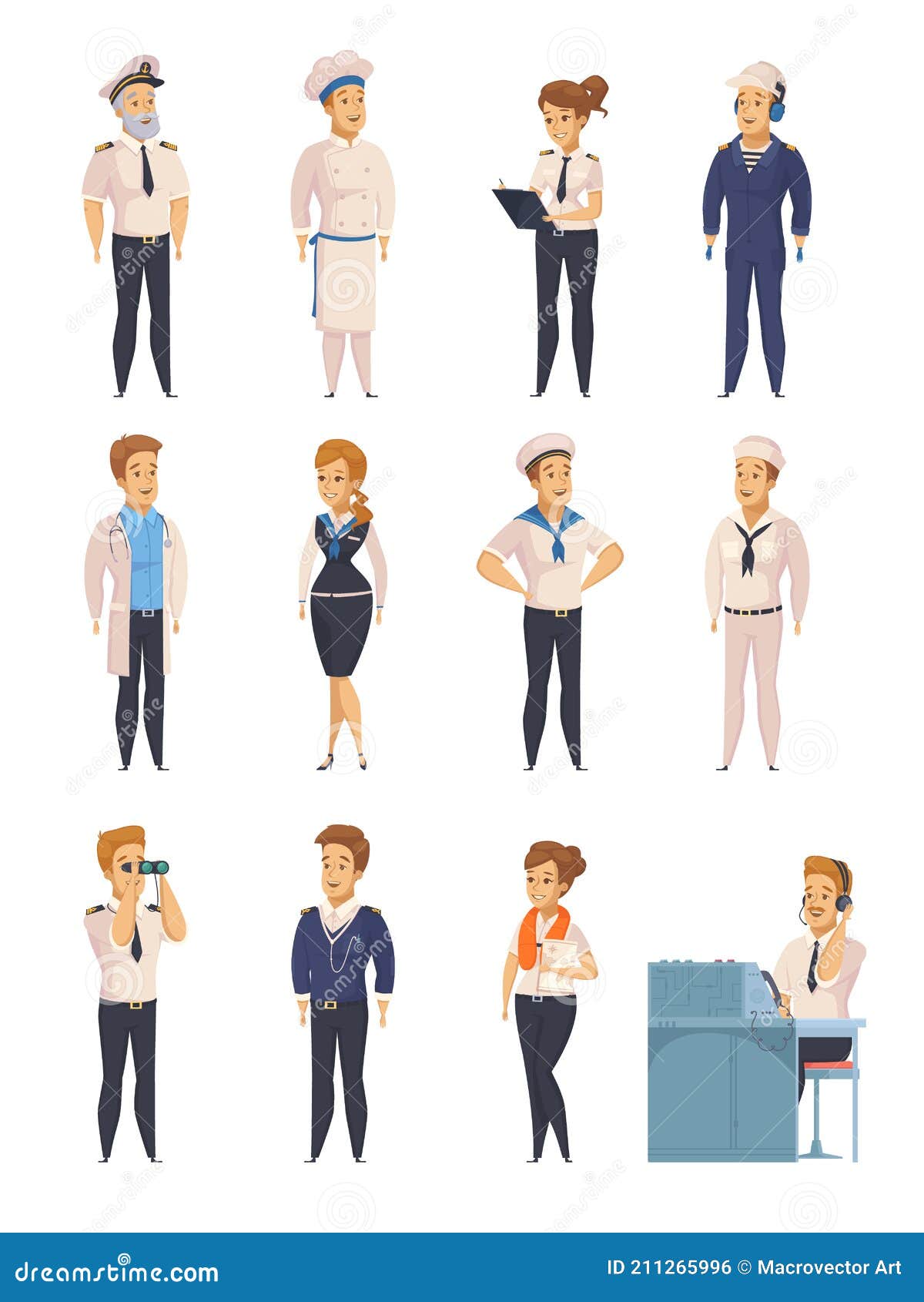 yacht ship cartoon characters set