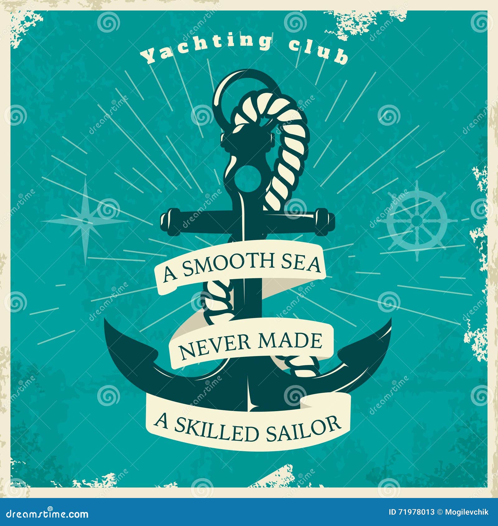 Yachting club vintage style poster with anchor rope star rays steering control on blue background vector illustration