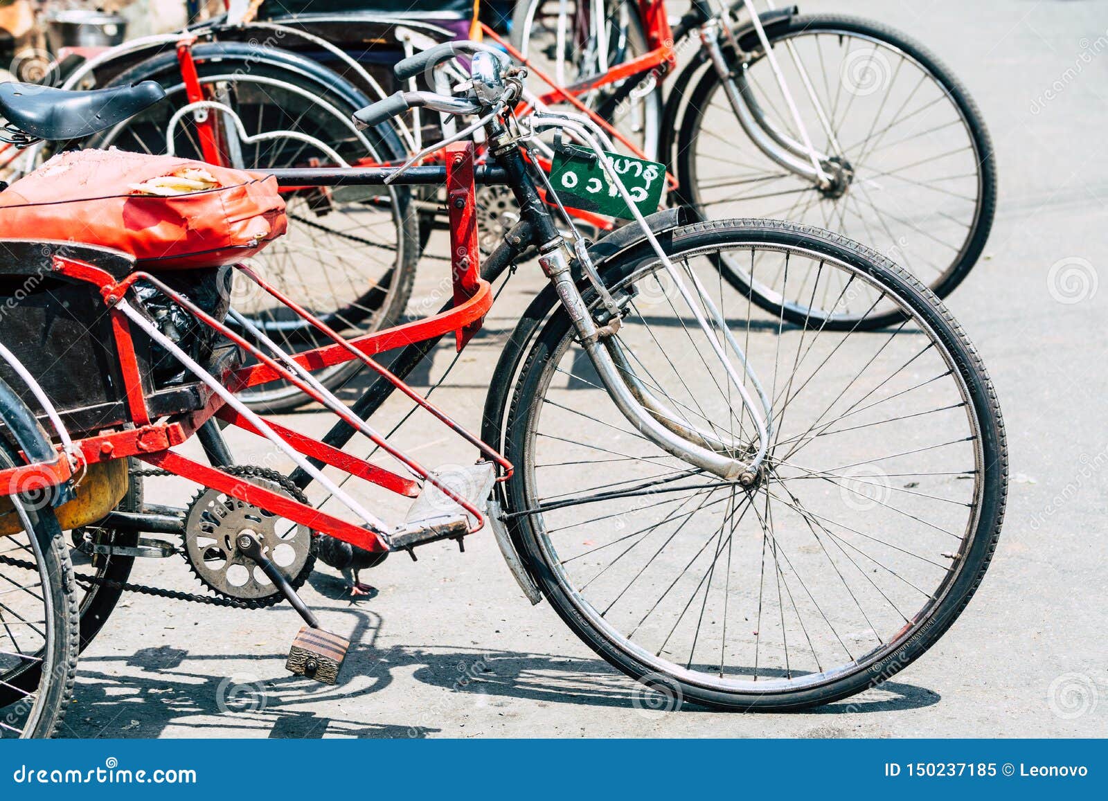 Yangon, Myanmar March 2019 Old Rickshaw Bicycles Standing on the