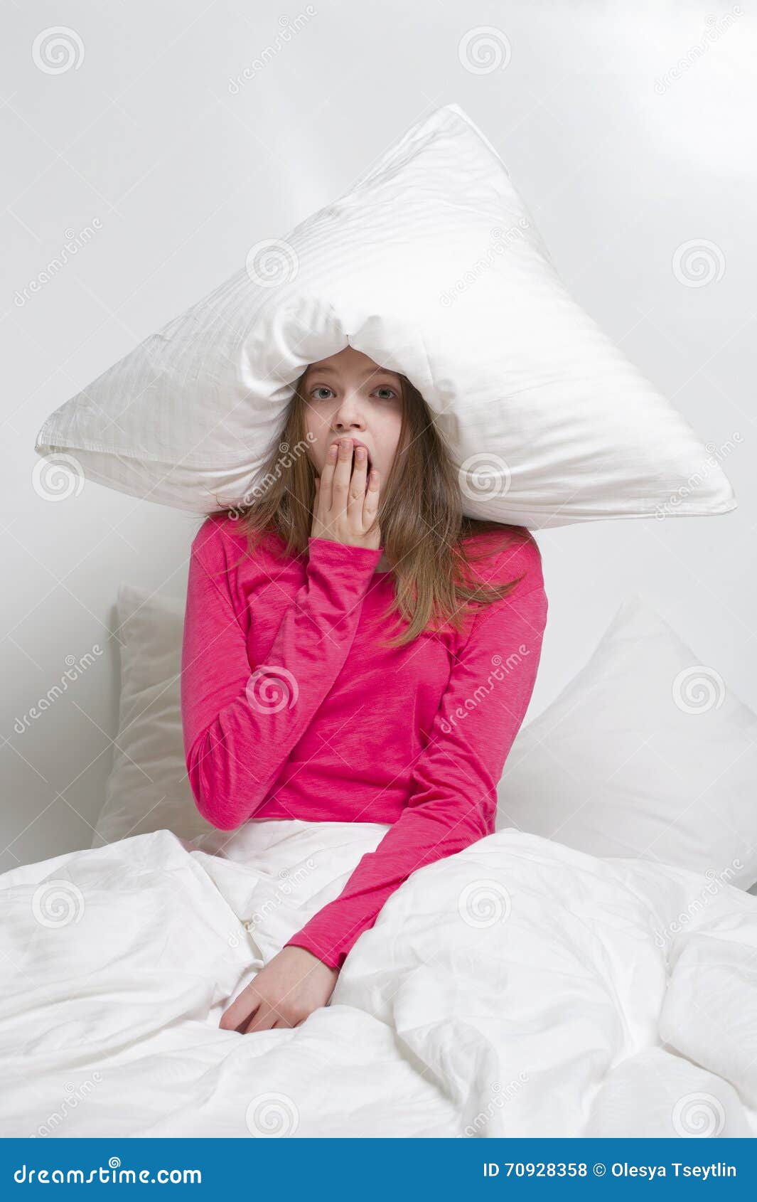 Yawn Girl with a Pillow Over His Head. Stock Photo - Image of nice ...