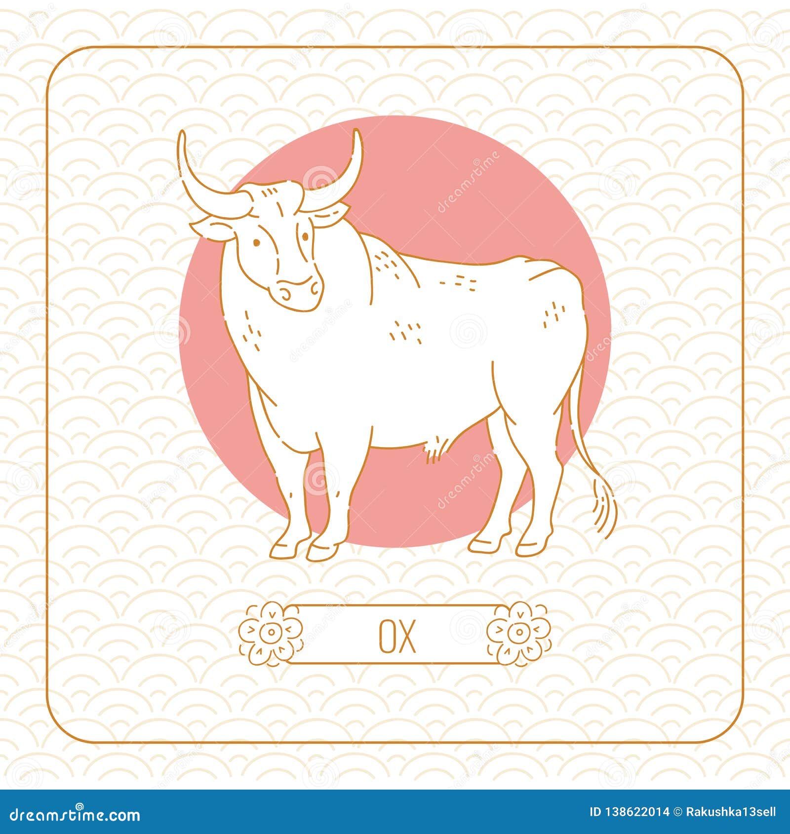 Year Bull Chinese Horoscope Vector Line Art and Pattern on White Background. Stock Vector