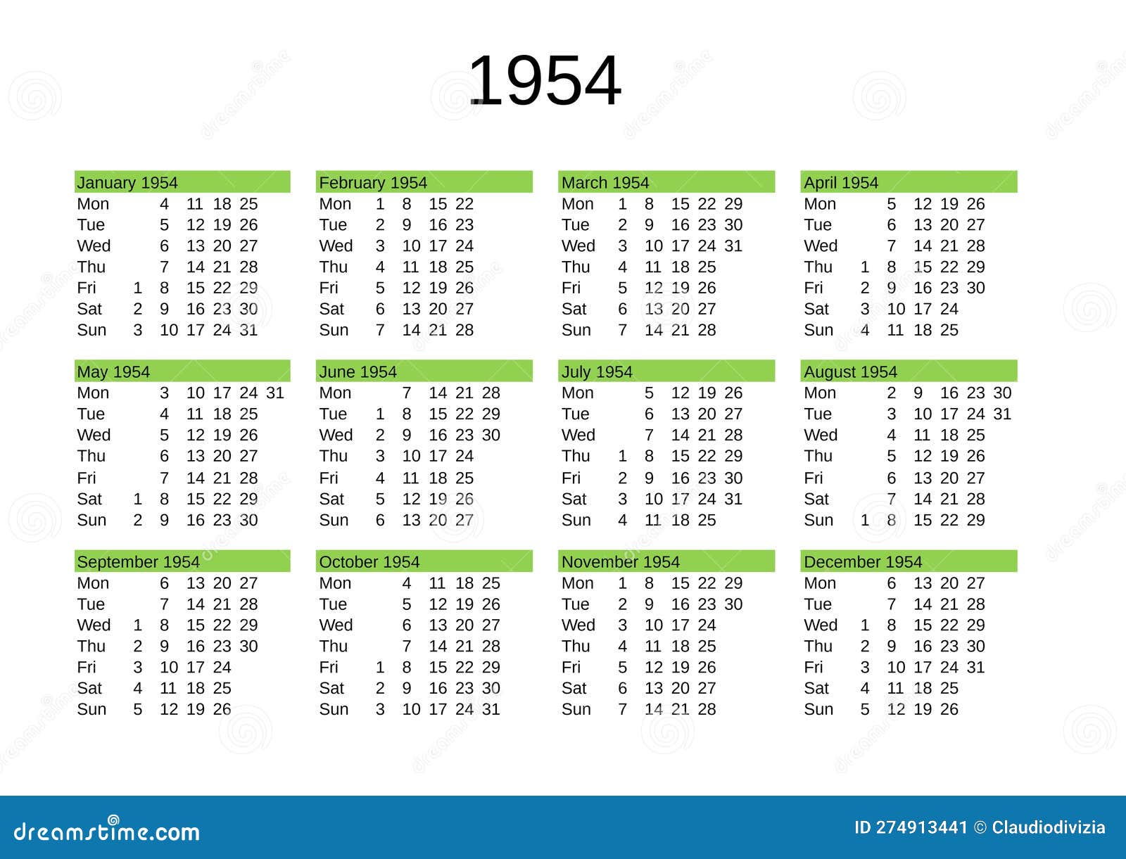 Year 1954 Calendar in English Stock Illustration Illustration of