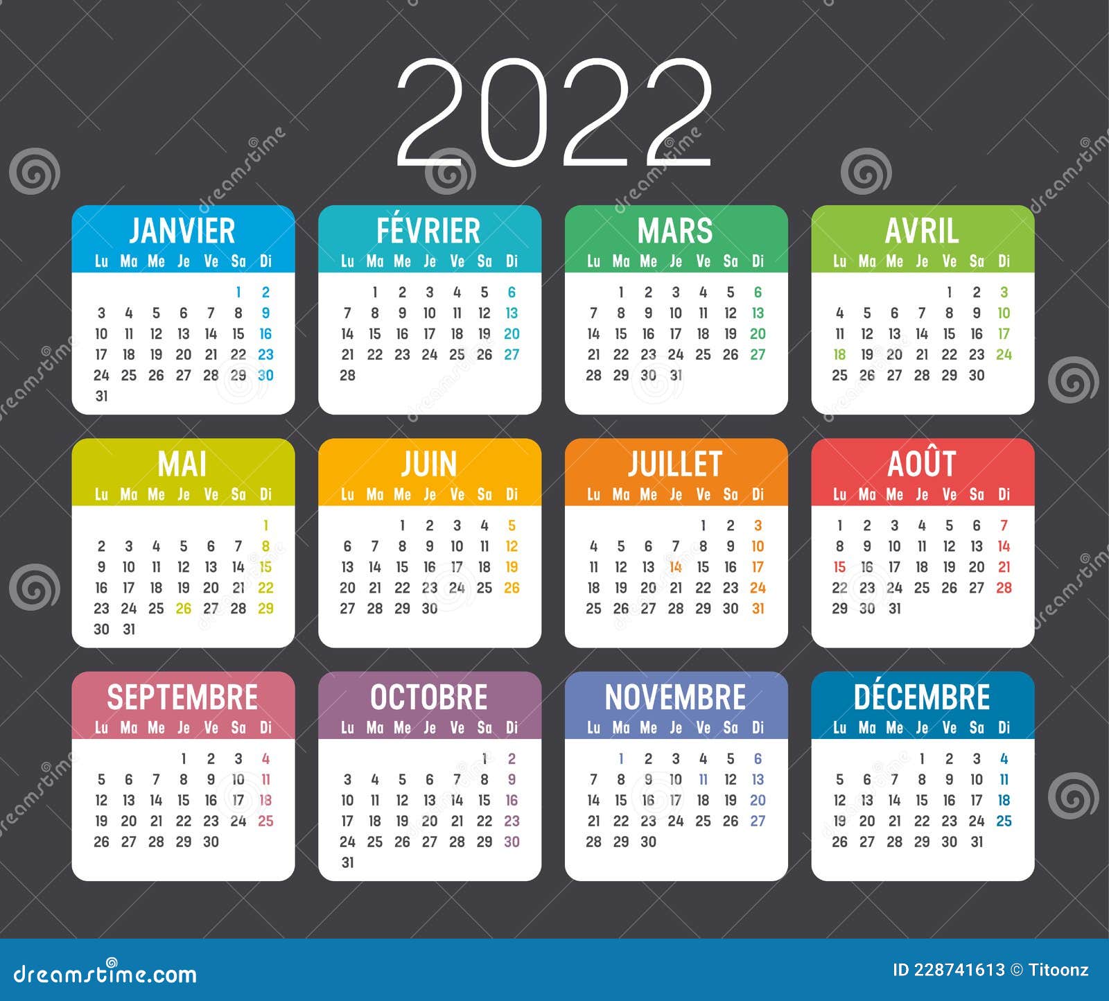 Year 2022 Calendar In French Stock Vector - Illustration Of Month, Color:  228741613