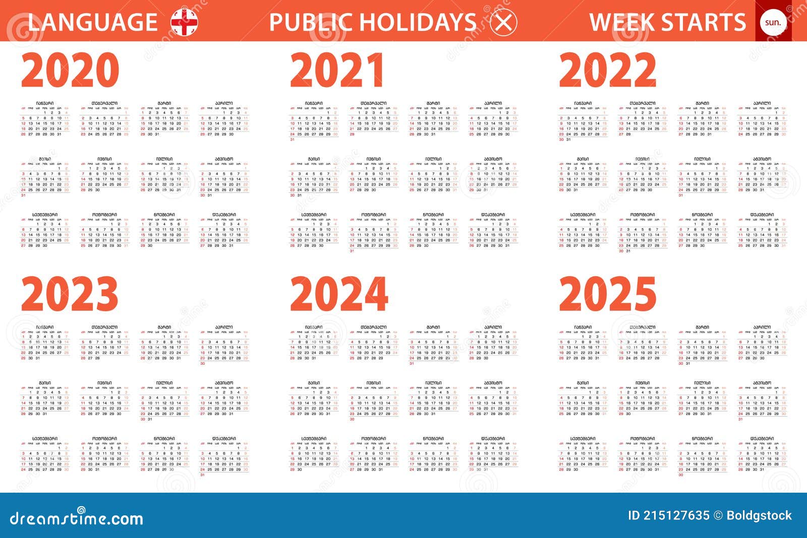 20202025 Year Calendar in Language, Week Starts from Sunday