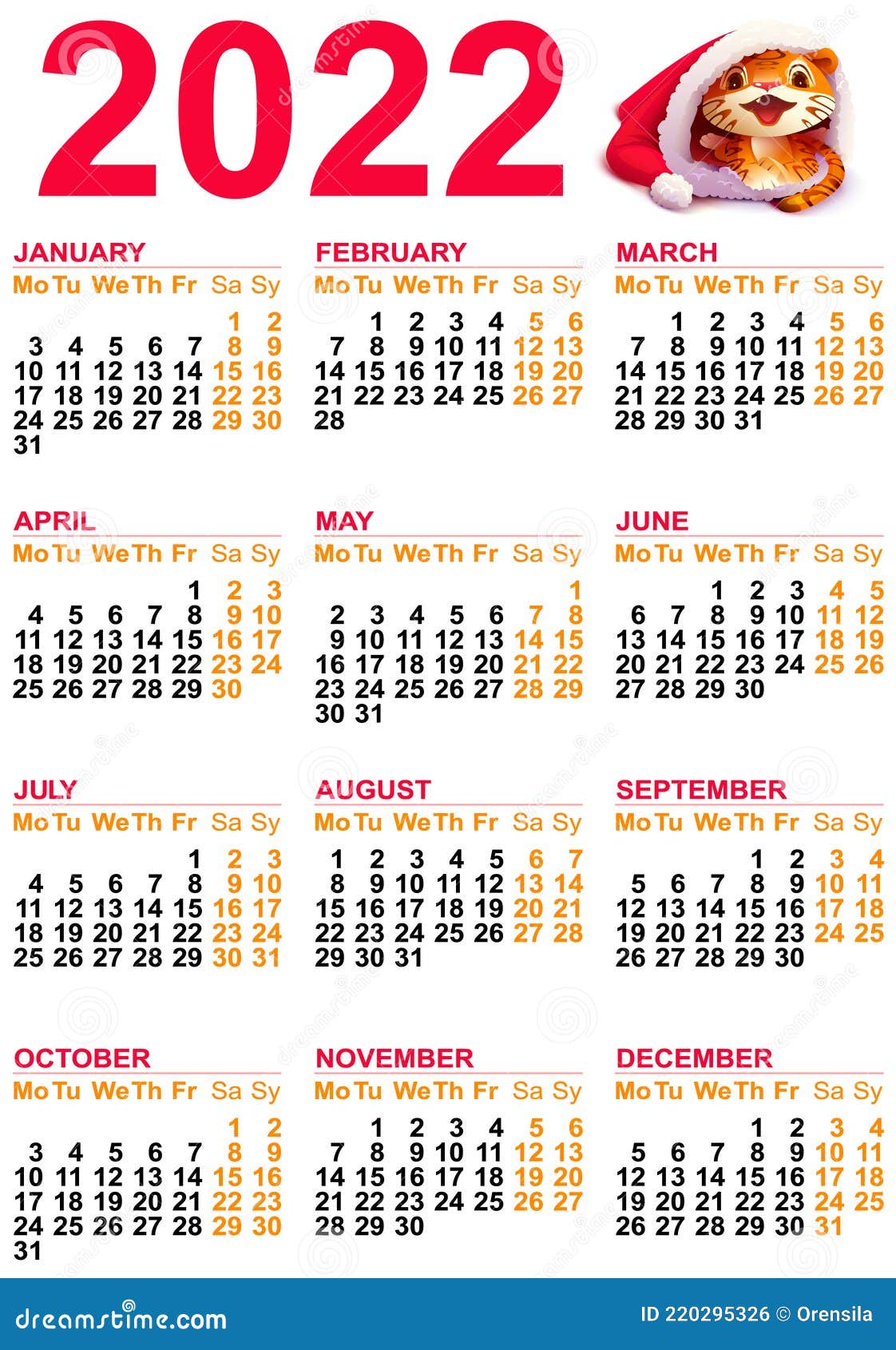 2022 Year Calendar Grid Template Tiger Symbol Chinese Horoscope Stock Vector - Illustration Of Number, Office: 220295326