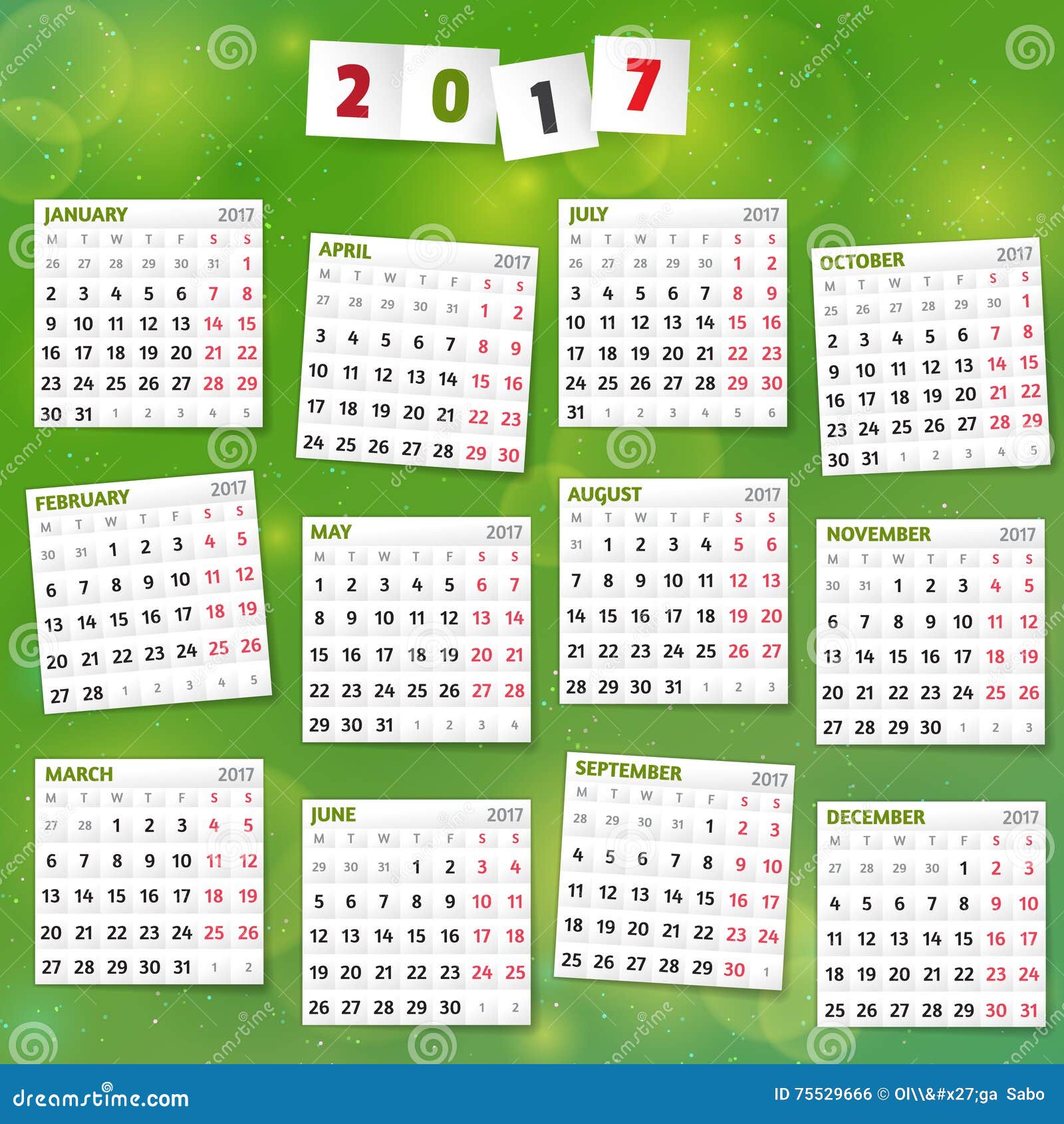 17 Year Calendar On Joyful Green Background Stock Vector Illustration Of Color Desk