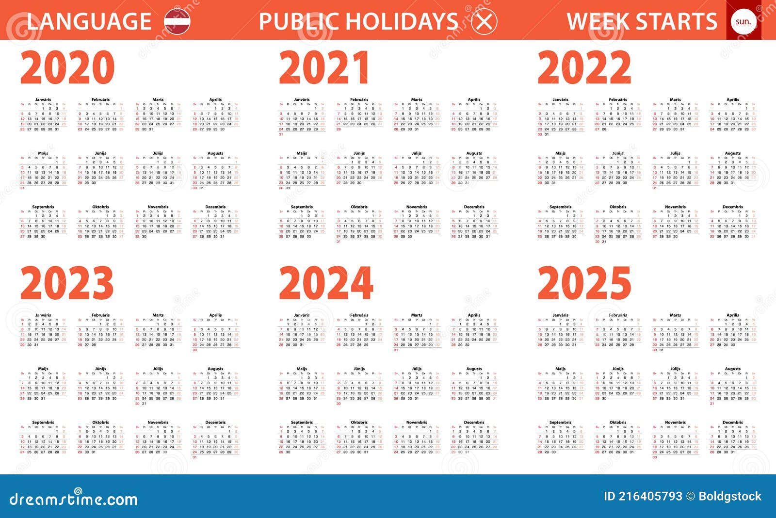 20202025 Year Calendar in Latvian Language, Week Starts from Sunday